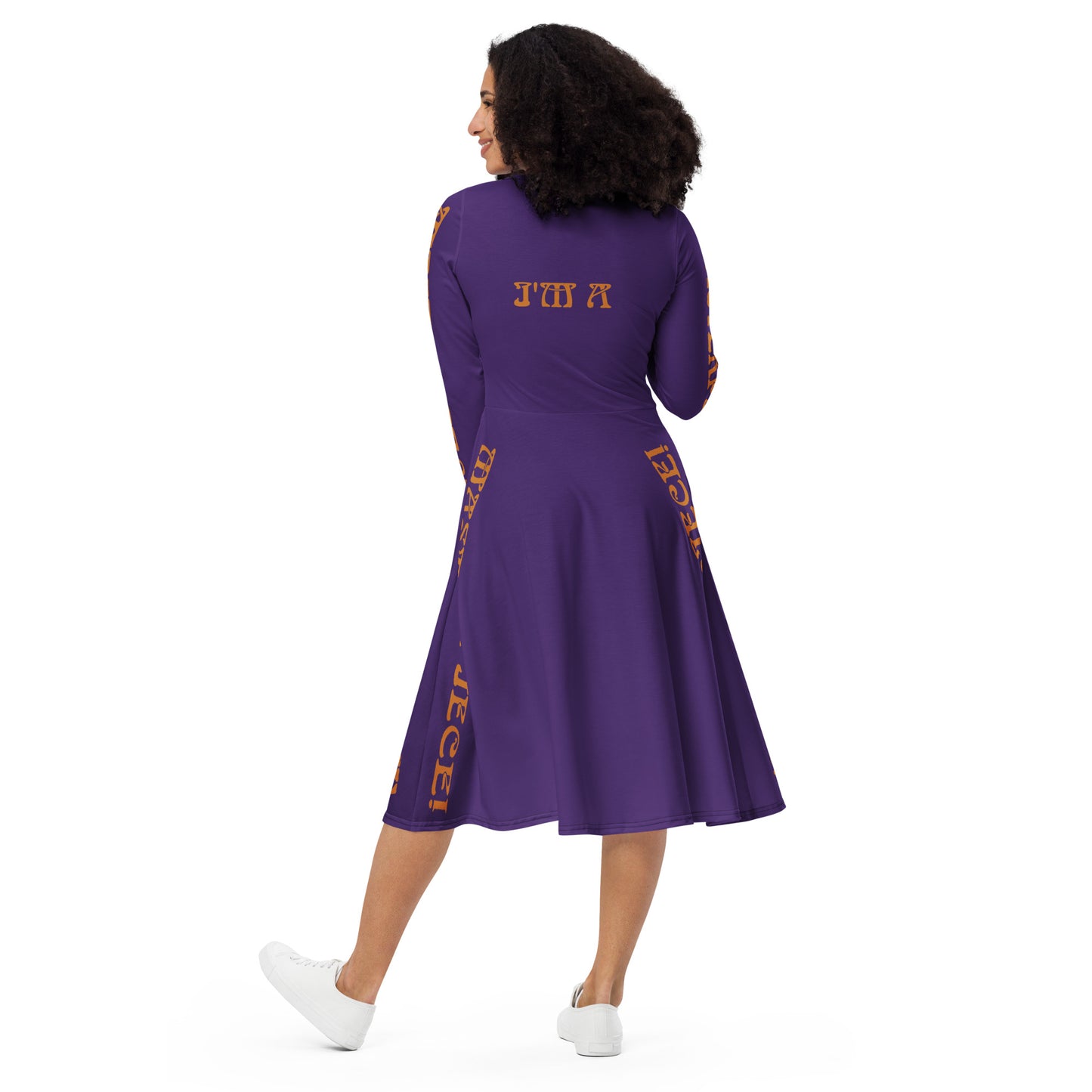 “I’M A MASTERPIECE!"Purple Long Sleeve Midi Dress W/Bronze Font