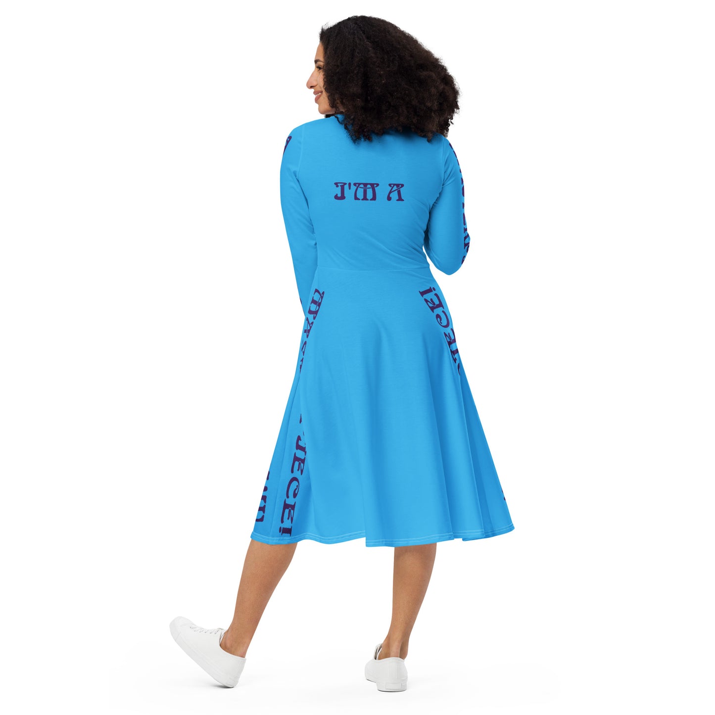 “I’M A MASTERPIECE!”SKYBLUE Long Sleeve Midi Dress W/Navy Font
