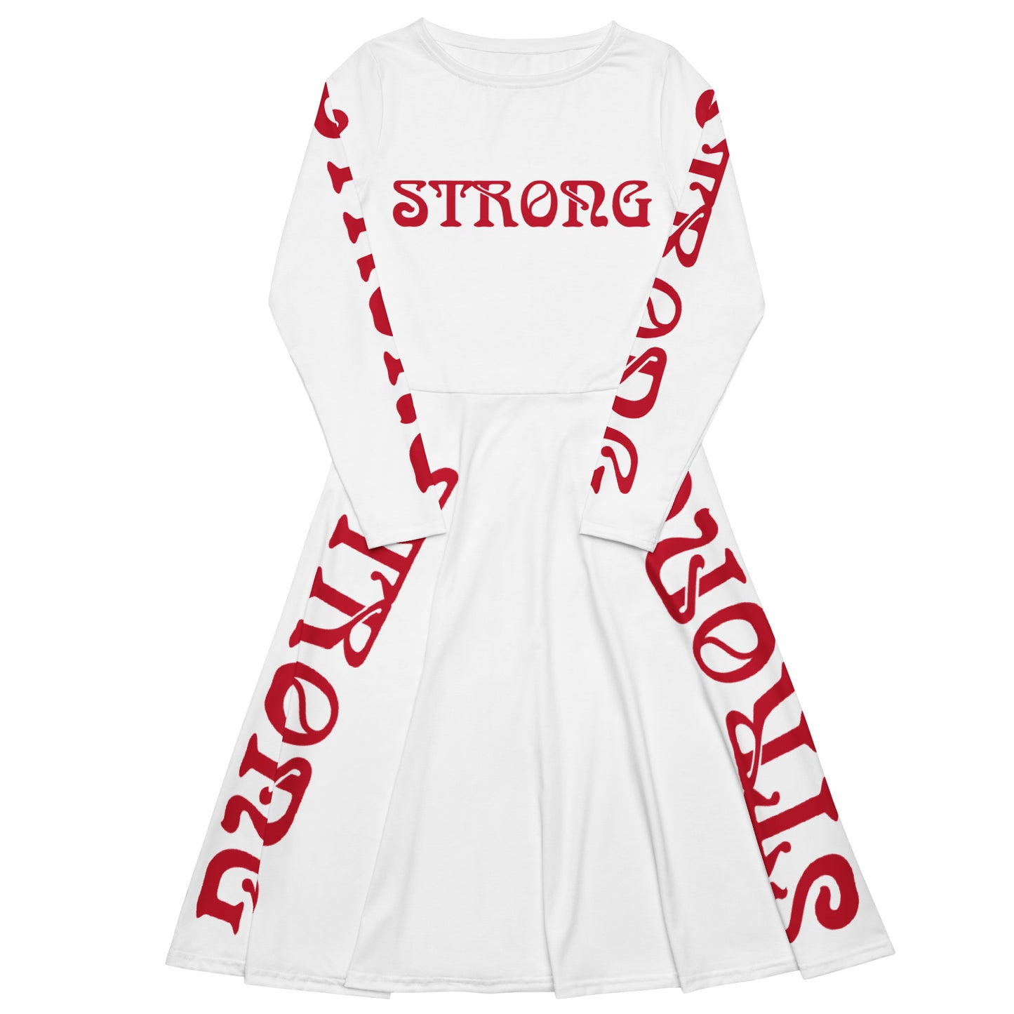 “STRONG”White Long Sleeve Midi Dress W/Red Font