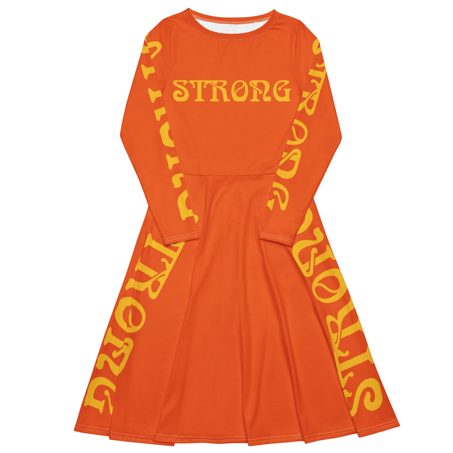 “STRONG”Orange Long Sleeve Midi Dress W/Yellow Font