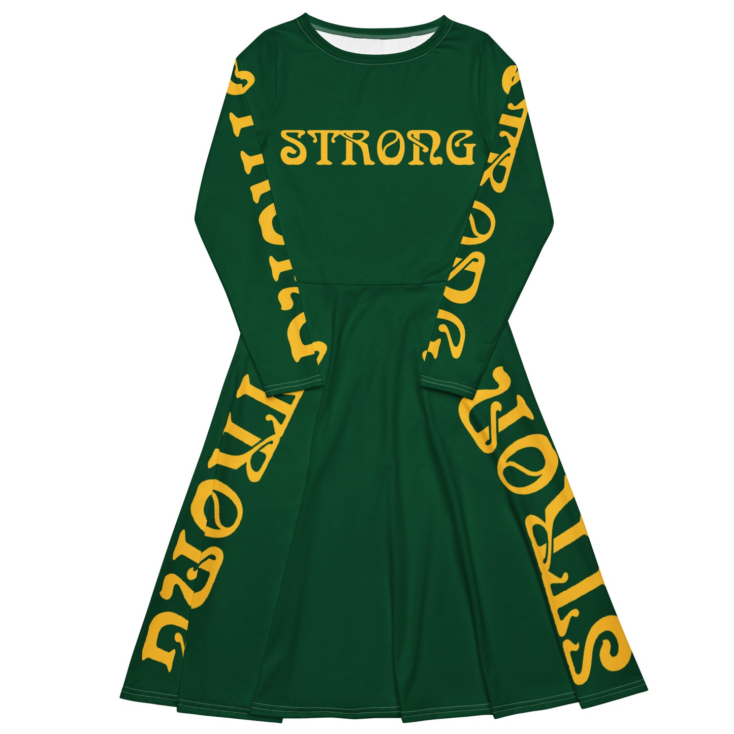 “STRONG”Green Long Sleeve Midi Dress W/Yellow Font