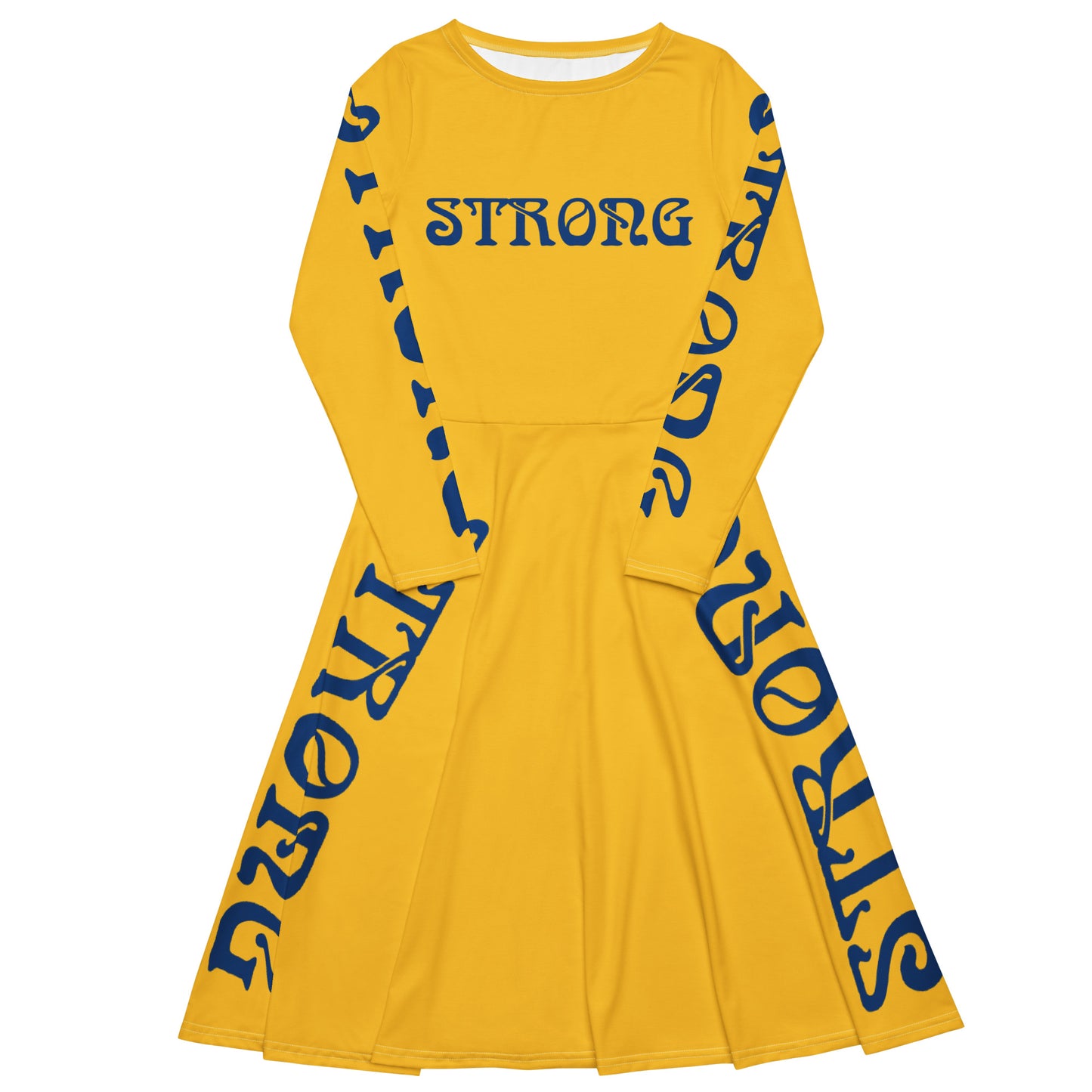 “STRONG”Yellow Long Sleeve Midi Dress W/Blue Font