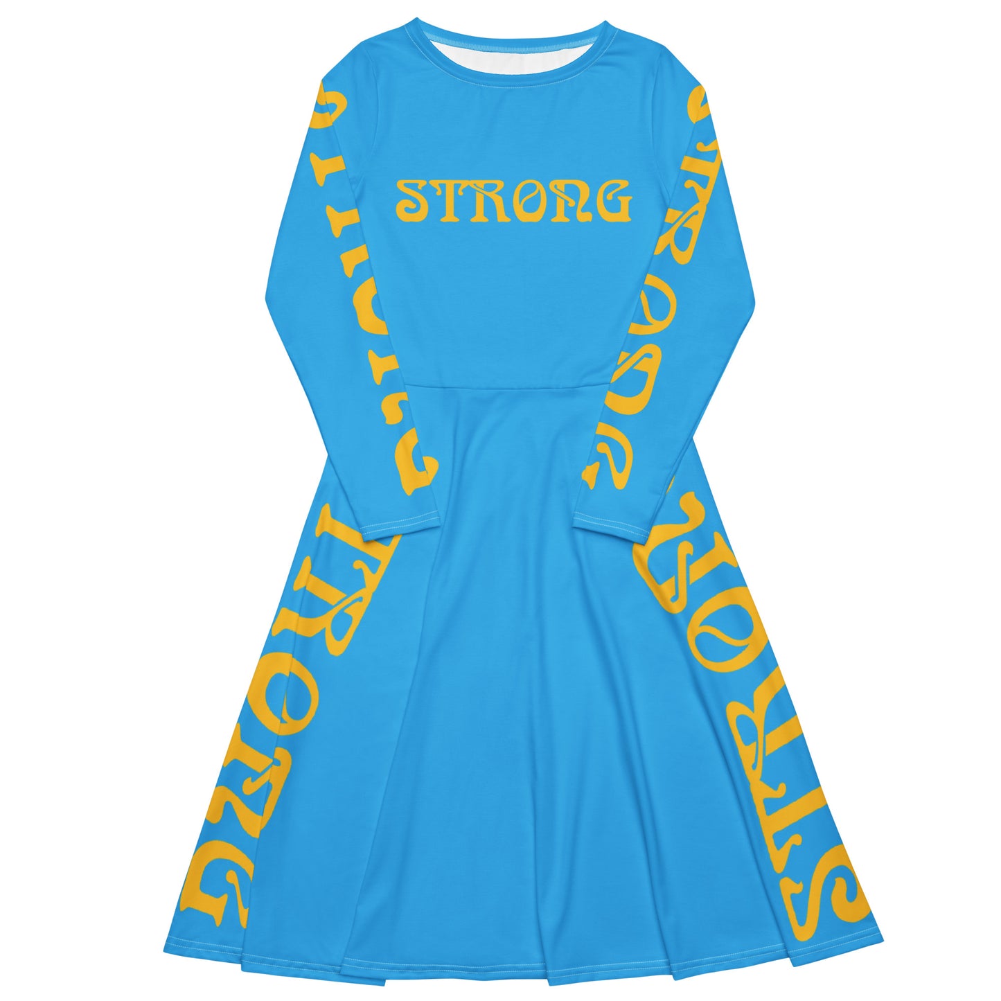 “STRONG”SkyBlue Long Sleeve Midi Dress W/Yellow Font