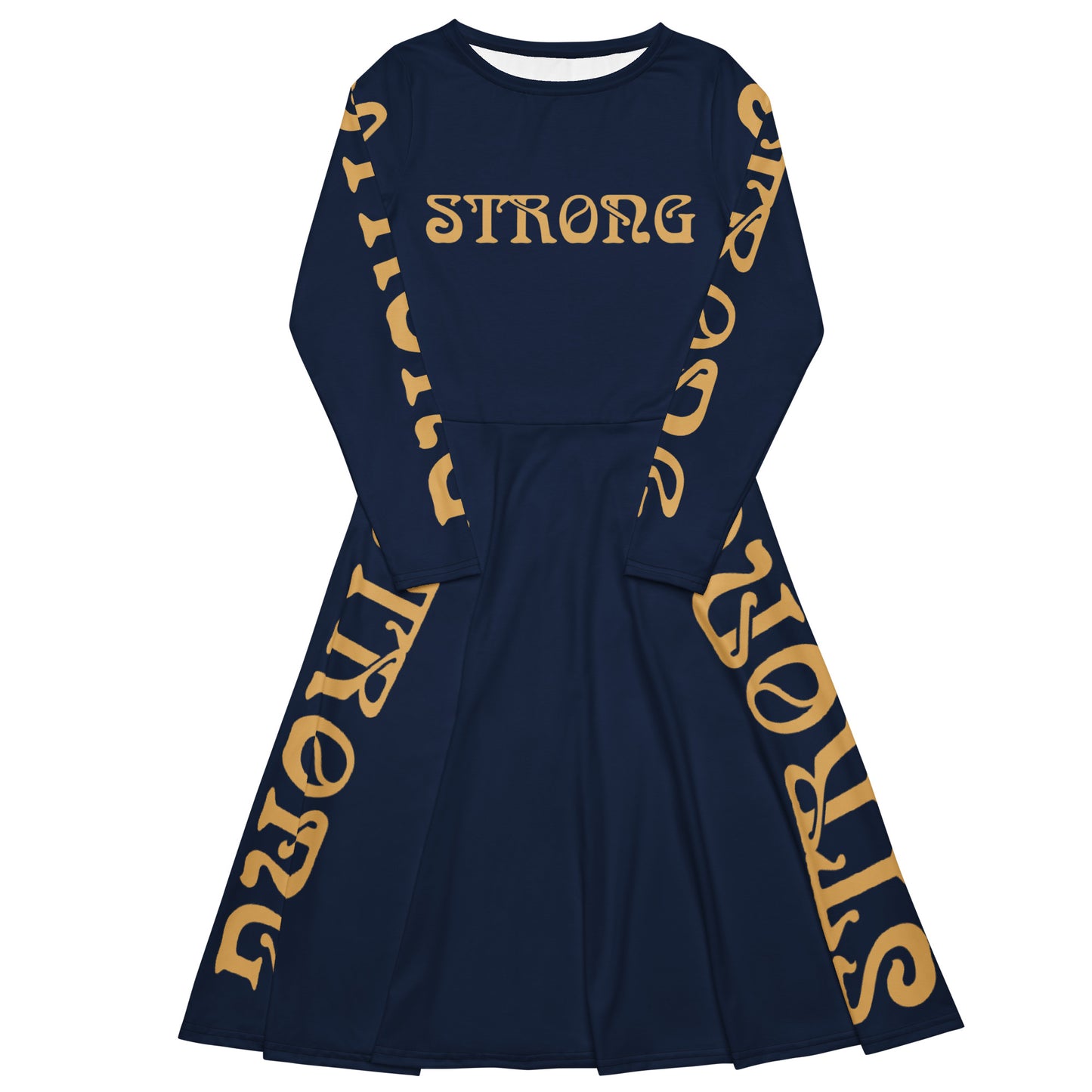 “STRONG”Navy-Blue Long Sleeve Midi Dress W/Fawn Font
