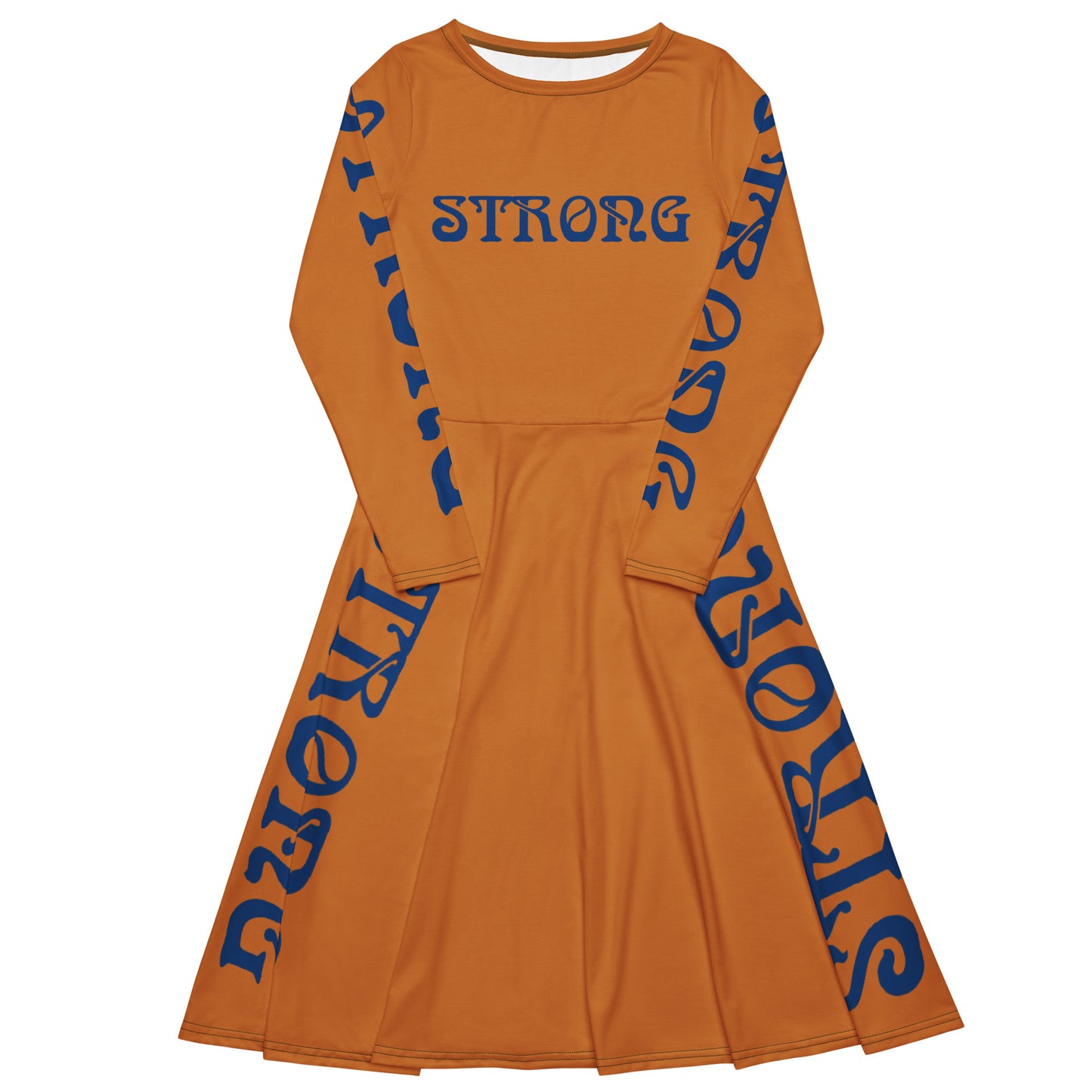 “STRONG”Bronze Long Sleeve Midi Dress W/Navy Font