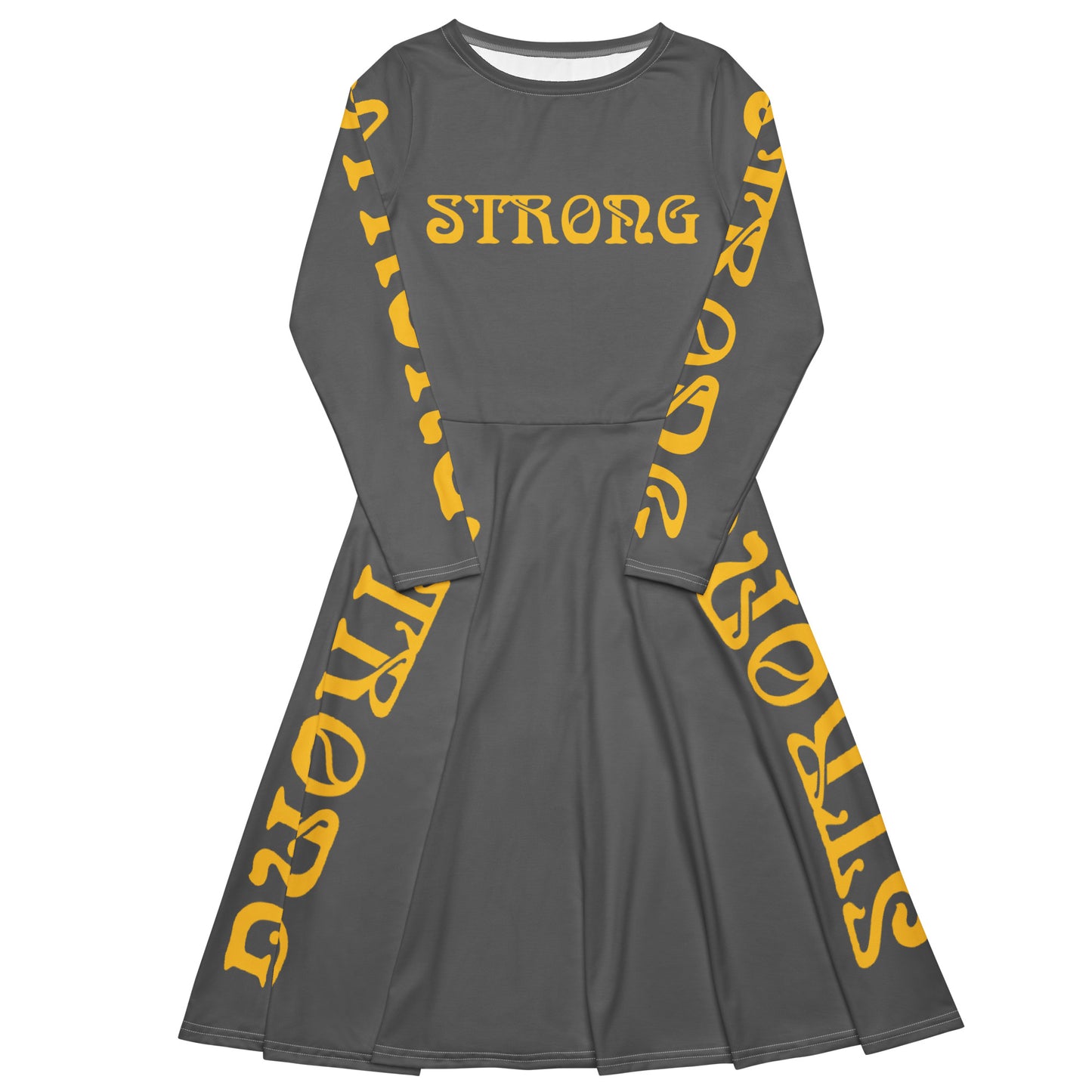 “STRONG”Grey Long Sleeve Midi Dress W/Yellow Font