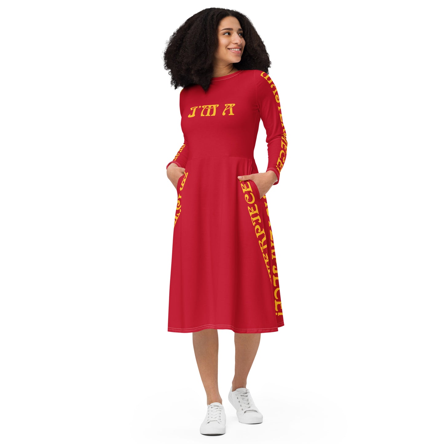 “I’M A MASTERPIECE!”Red Long Sleeve Midi Dress W/Yellow Font
