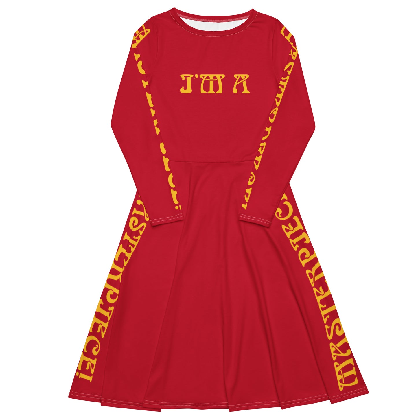 “I’M A MASTERPIECE!”Red Long Sleeve Midi Dress W/Yellow Font