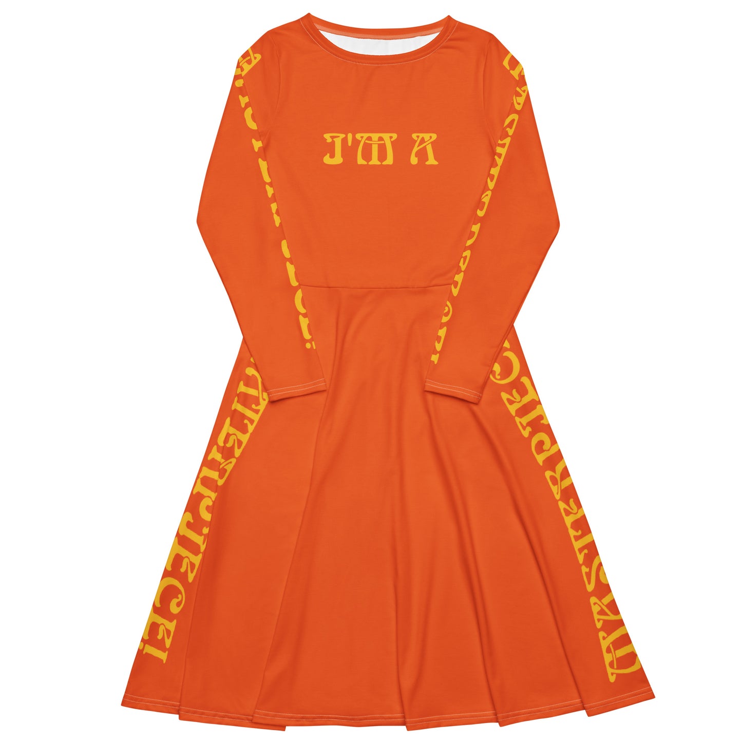 “I’M A MASTERPIECE!"Orange Long Sleeve Midi Dress W/Yellow Font