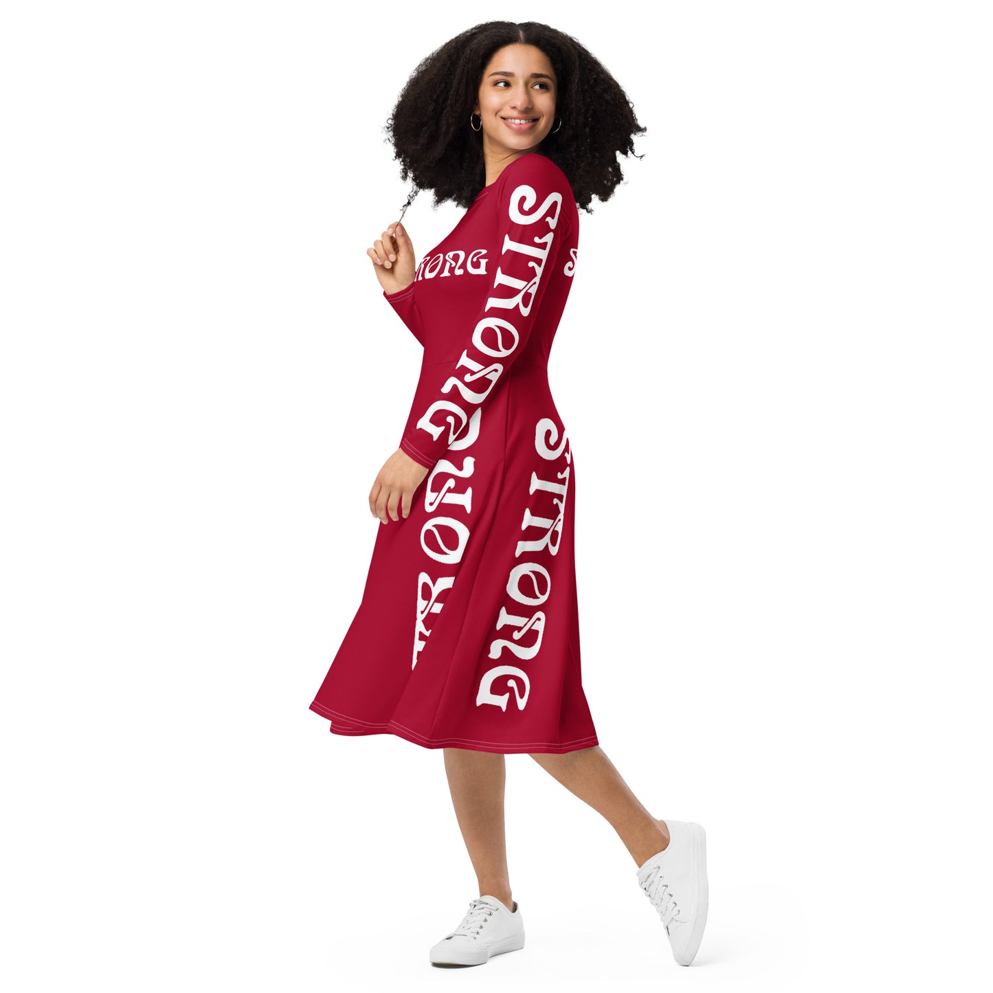 “STRONG”Red Long Sleeve Midi Dress W/White Font