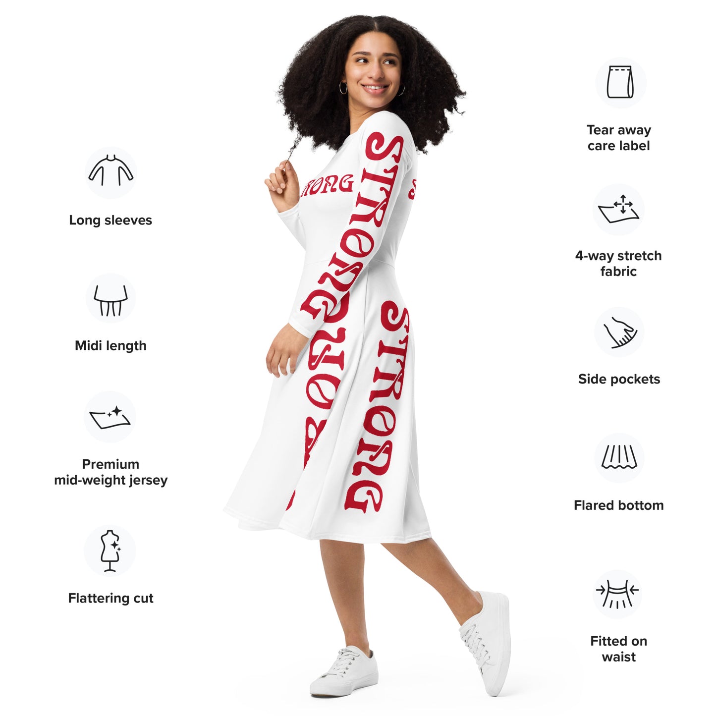 “STRONG”White Long Sleeve Midi Dress W/Red Font