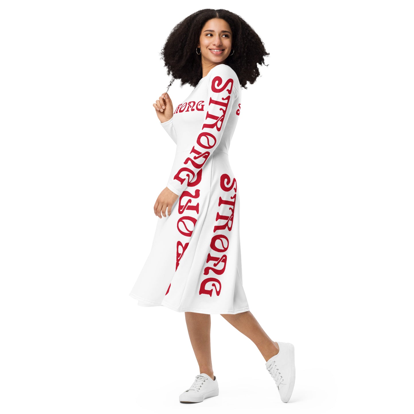 “STRONG”White Long Sleeve Midi Dress W/Red Font