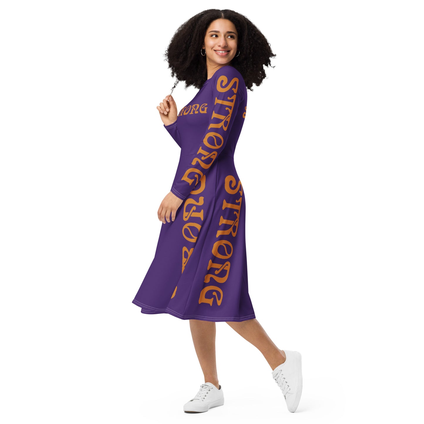 “STRONG”Purple Long Sleeve Midi Dress W/Bronze Font
