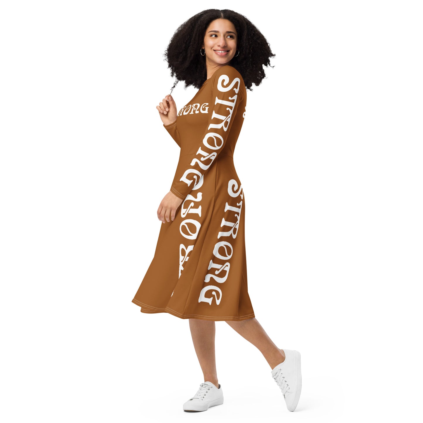 “STRONG”Brown Long Sleeve Midi Dress W/White Font