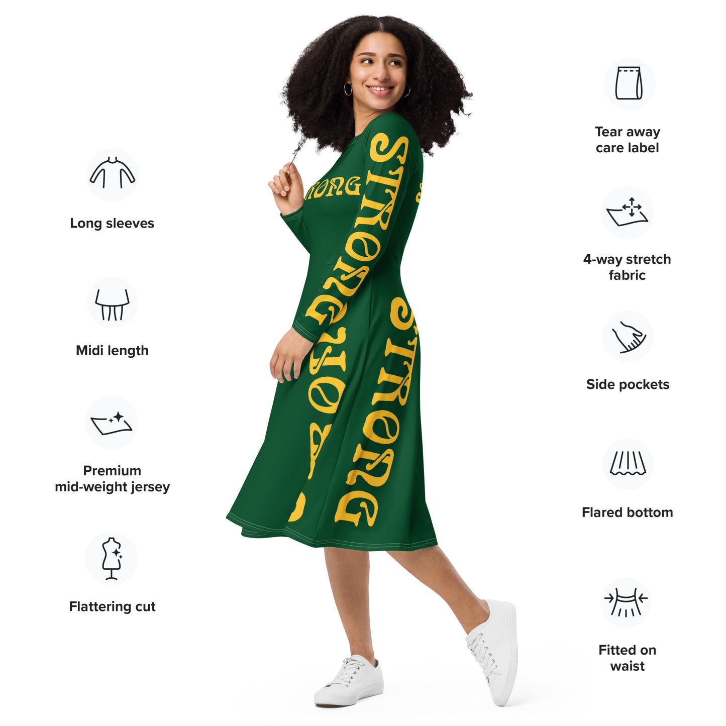 “STRONG”Green Long Sleeve Midi Dress W/Yellow Font