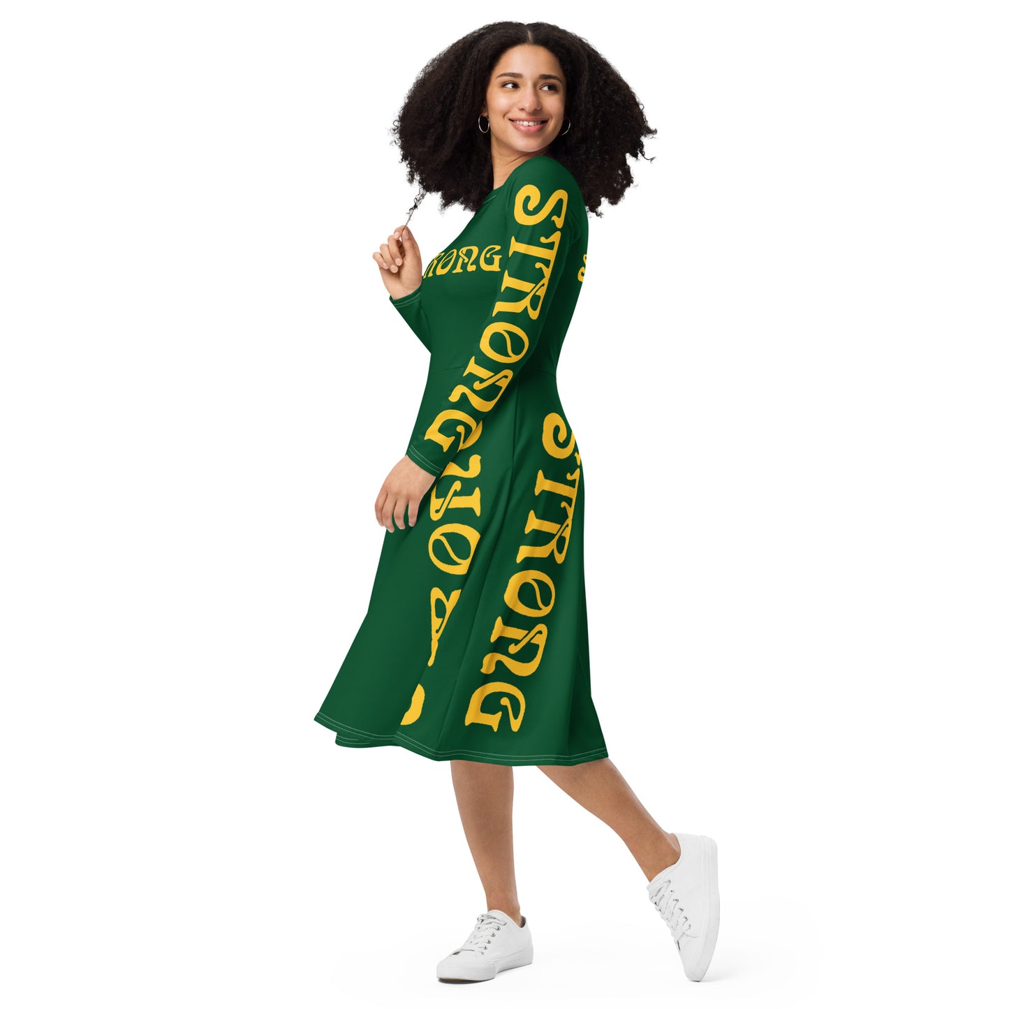 “STRONG”Green Long Sleeve Midi Dress W/Yellow Font