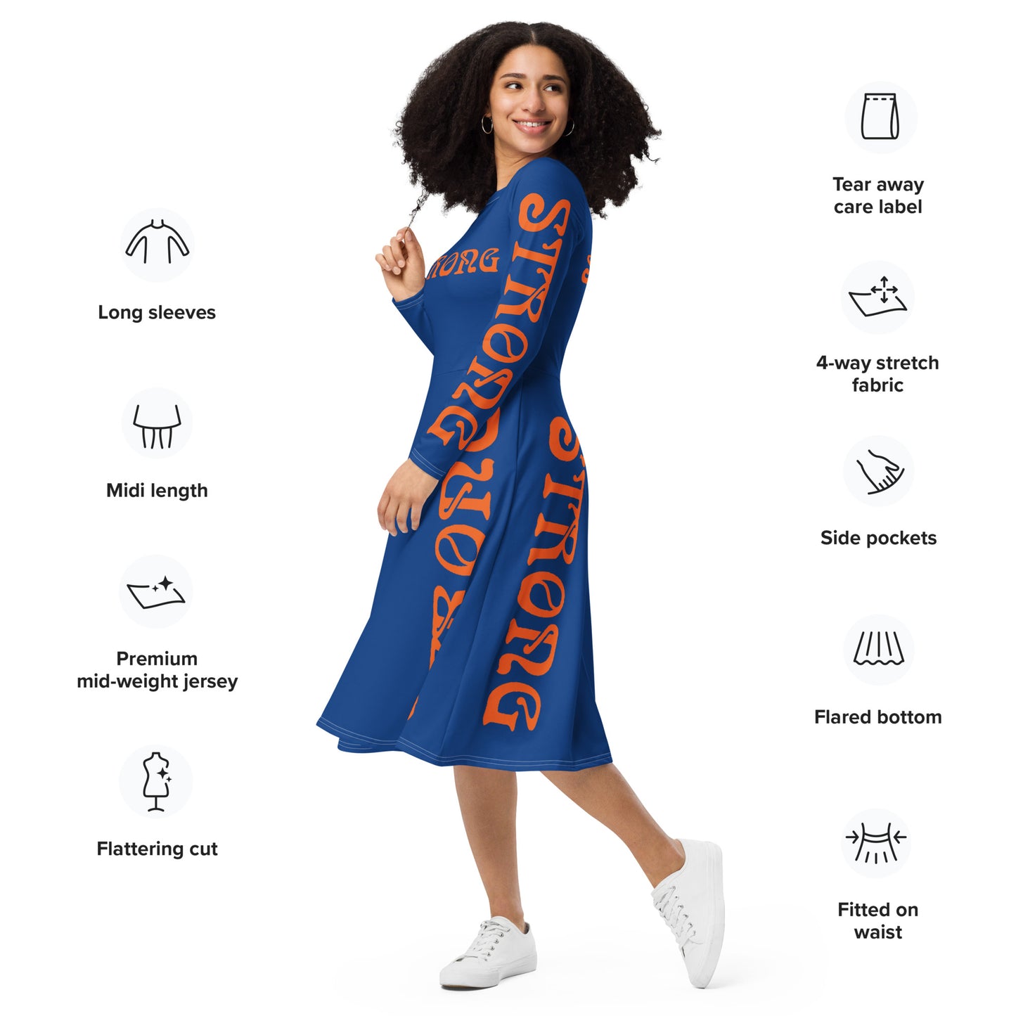 “STRONG”Blue Long Sleeve Midi Dress W/Orange Font