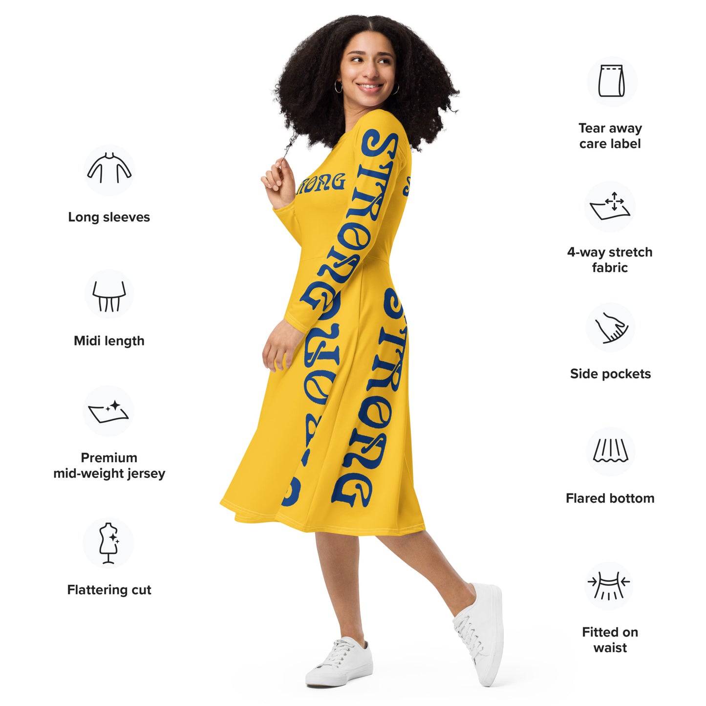 “STRONG”Yellow Long Sleeve Midi Dress W/Blue Font