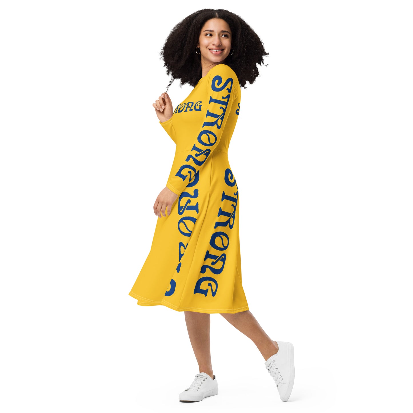 “STRONG”Yellow Long Sleeve Midi Dress W/Blue Font