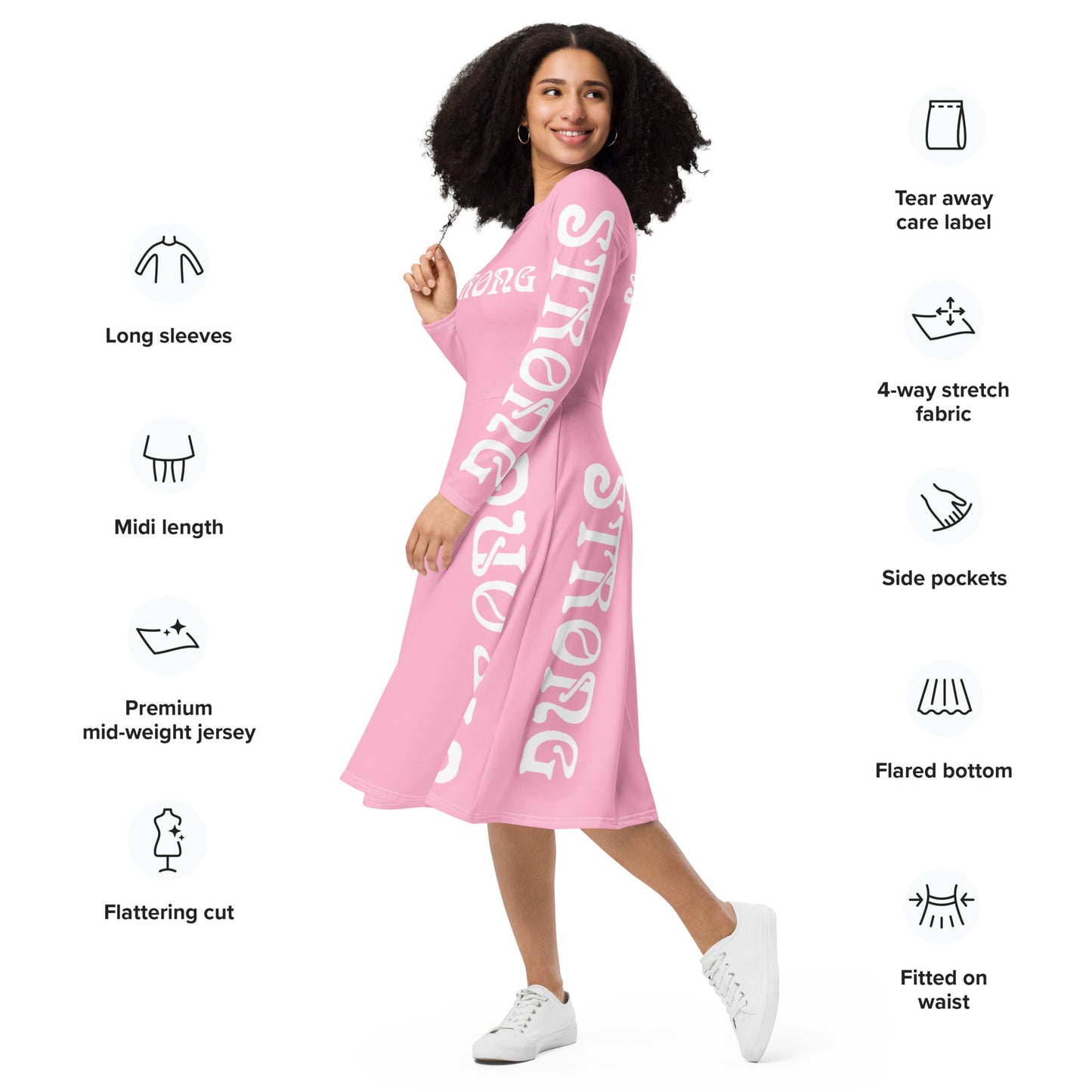 “STRONG”Cotton Candy Long Sleeve Midi Dress W/White Font