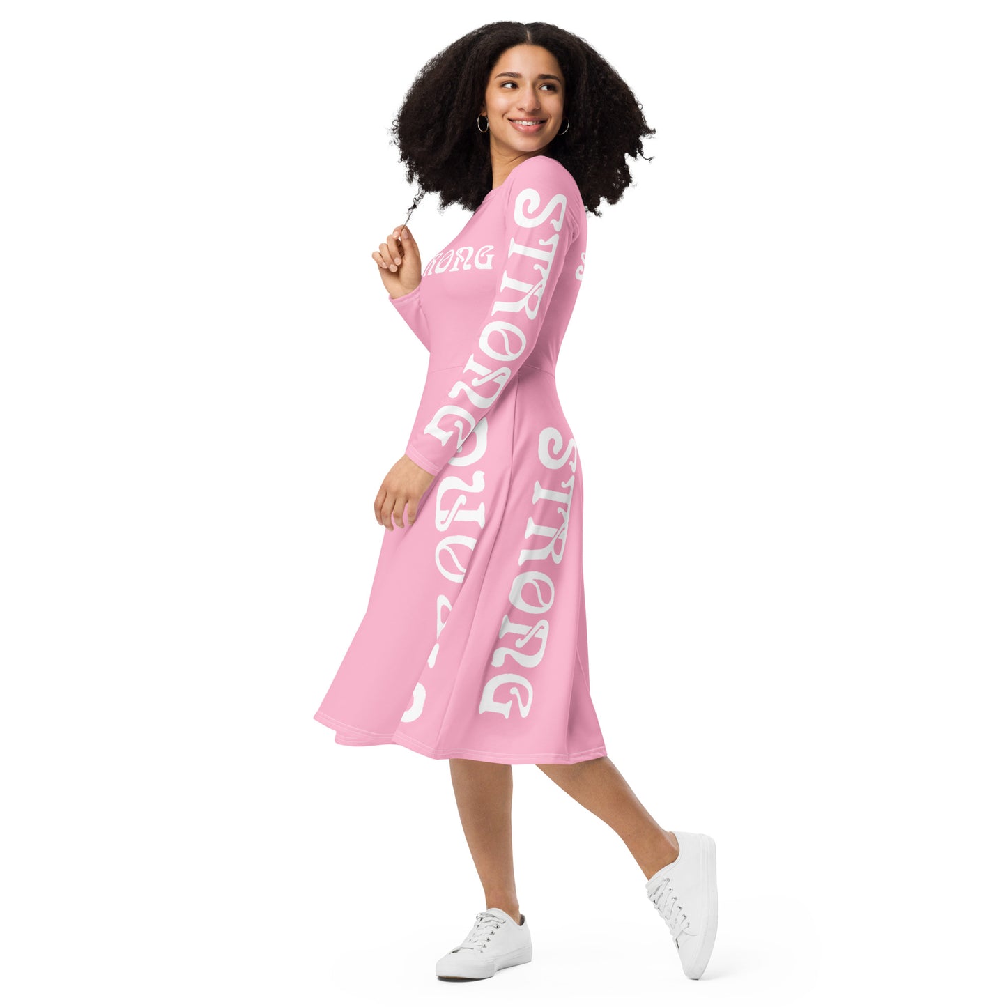 “STRONG”Cotton Candy Long Sleeve Midi Dress W/White Font