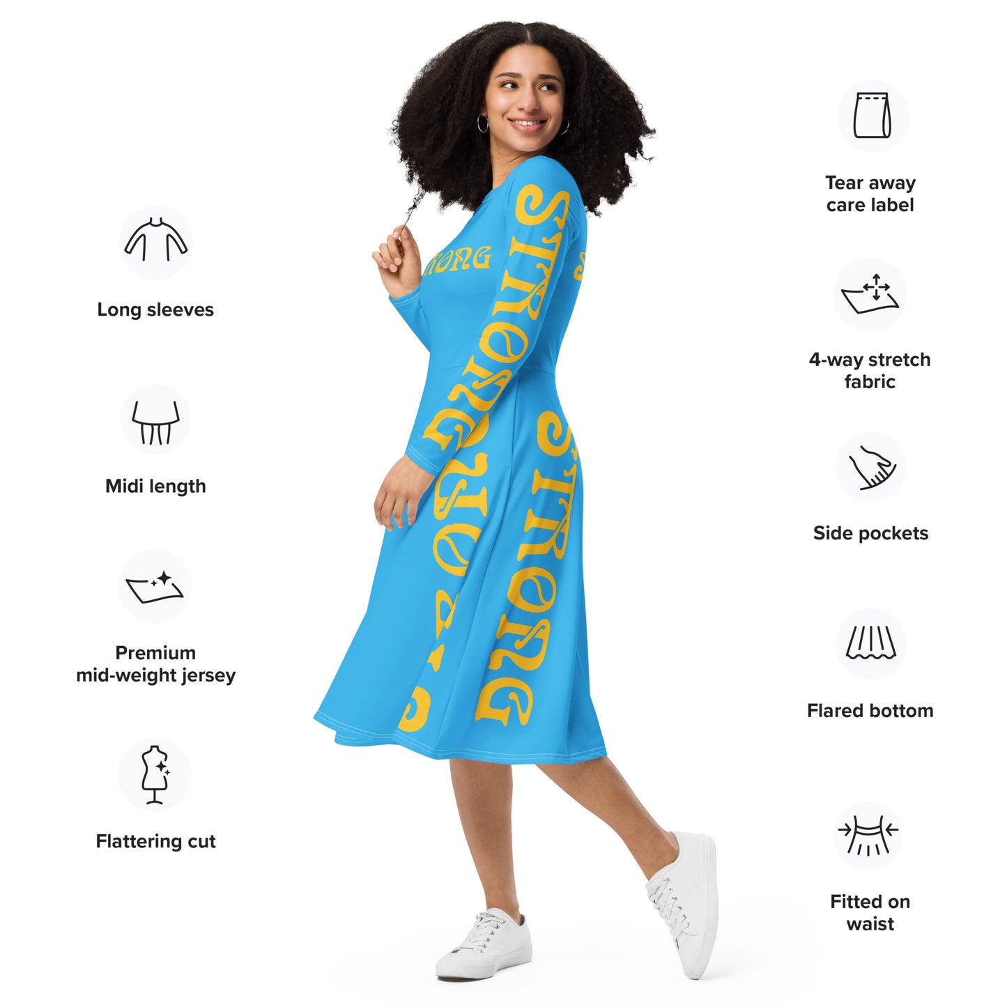 “STRONG”SkyBlue Long Sleeve Midi Dress W/Yellow Font