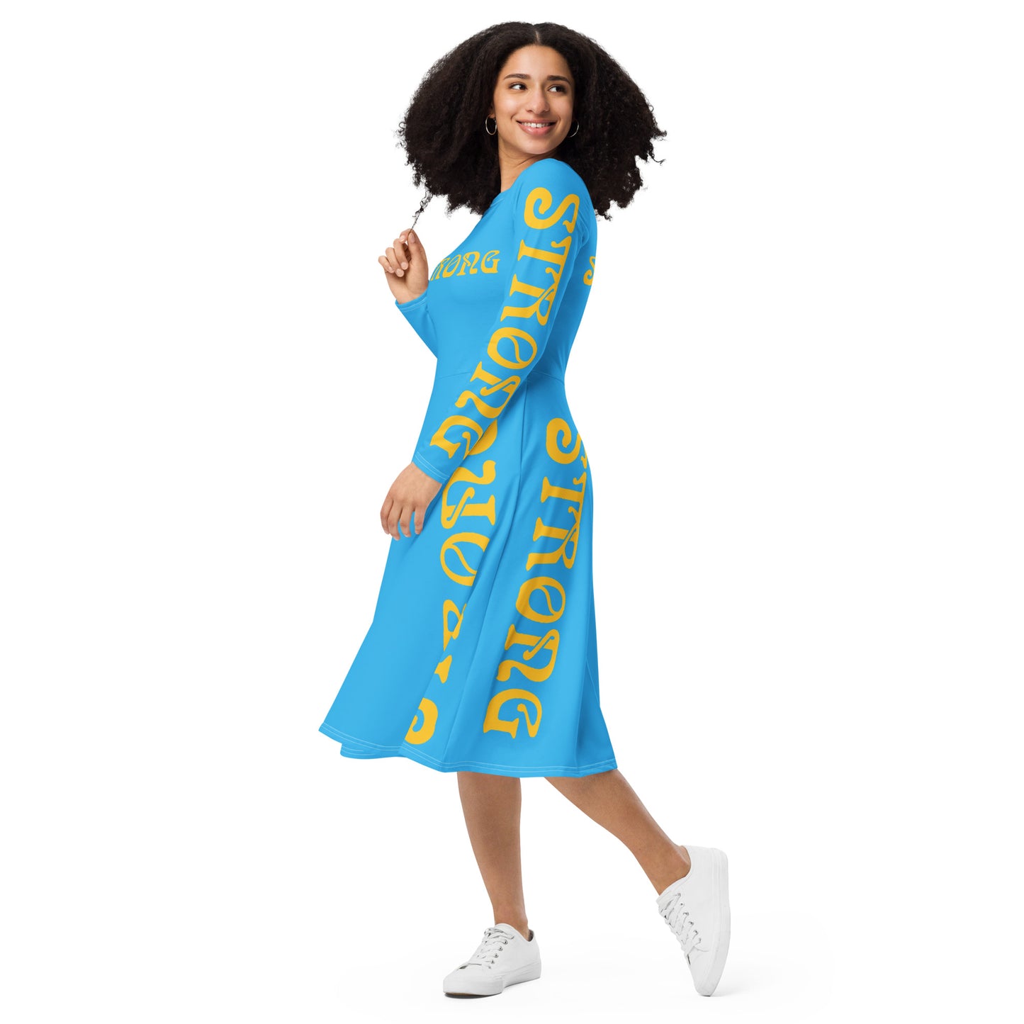“STRONG”SkyBlue Long Sleeve Midi Dress W/Yellow Font