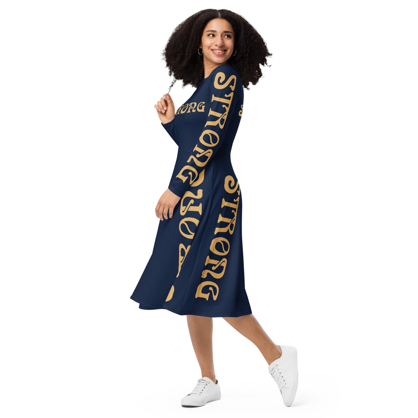 “STRONG”Navy-Blue Long Sleeve Midi Dress W/Fawn Font