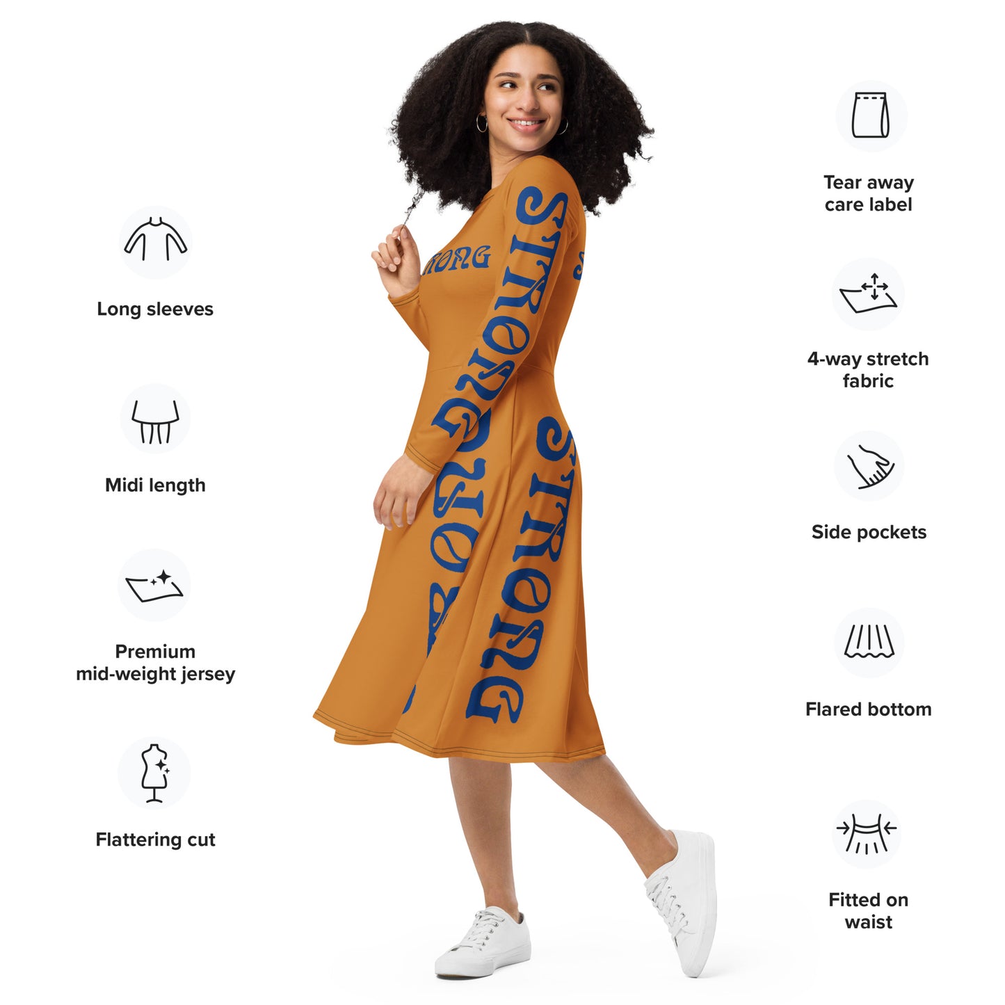 “STRONG”Bronze Long Sleeve Midi Dress W/Navy Font
