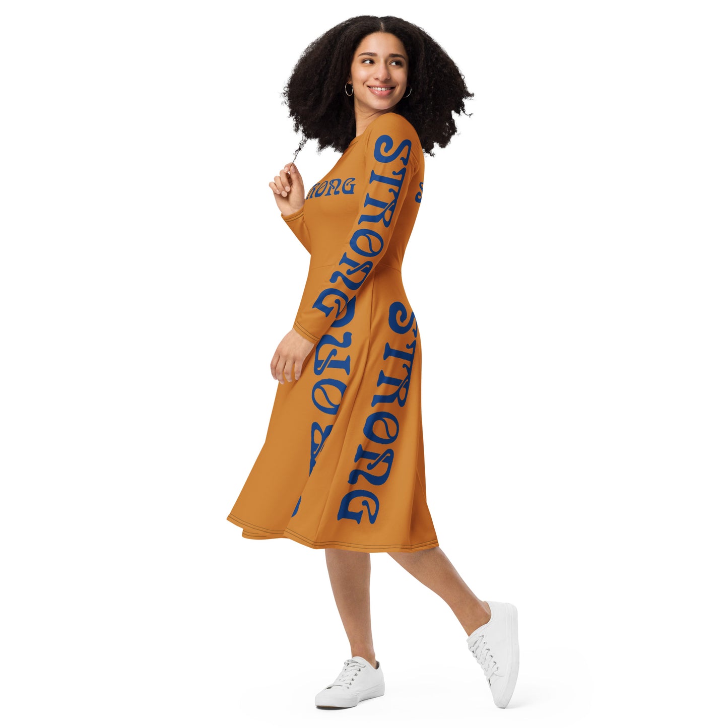“STRONG”Bronze Long Sleeve Midi Dress W/Navy Font