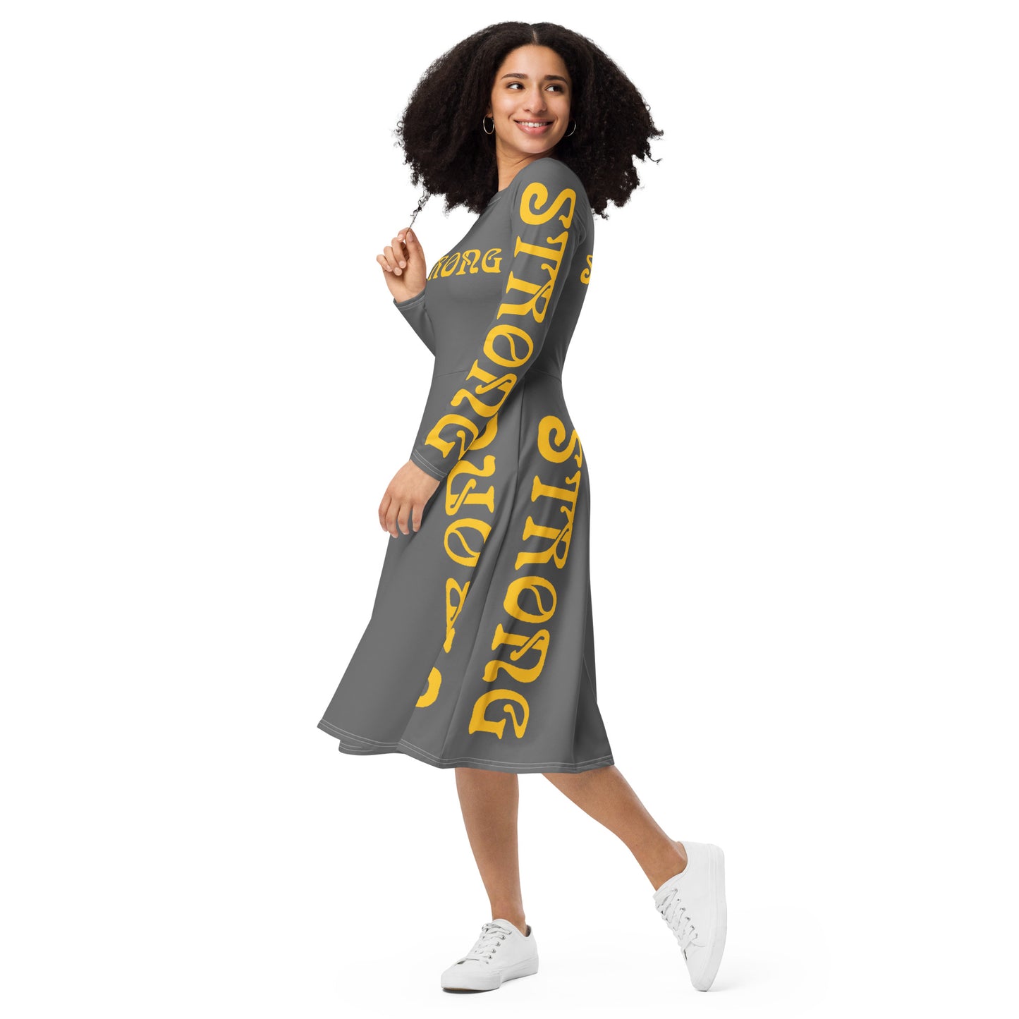 “STRONG”Grey Long Sleeve Midi Dress W/Yellow Font