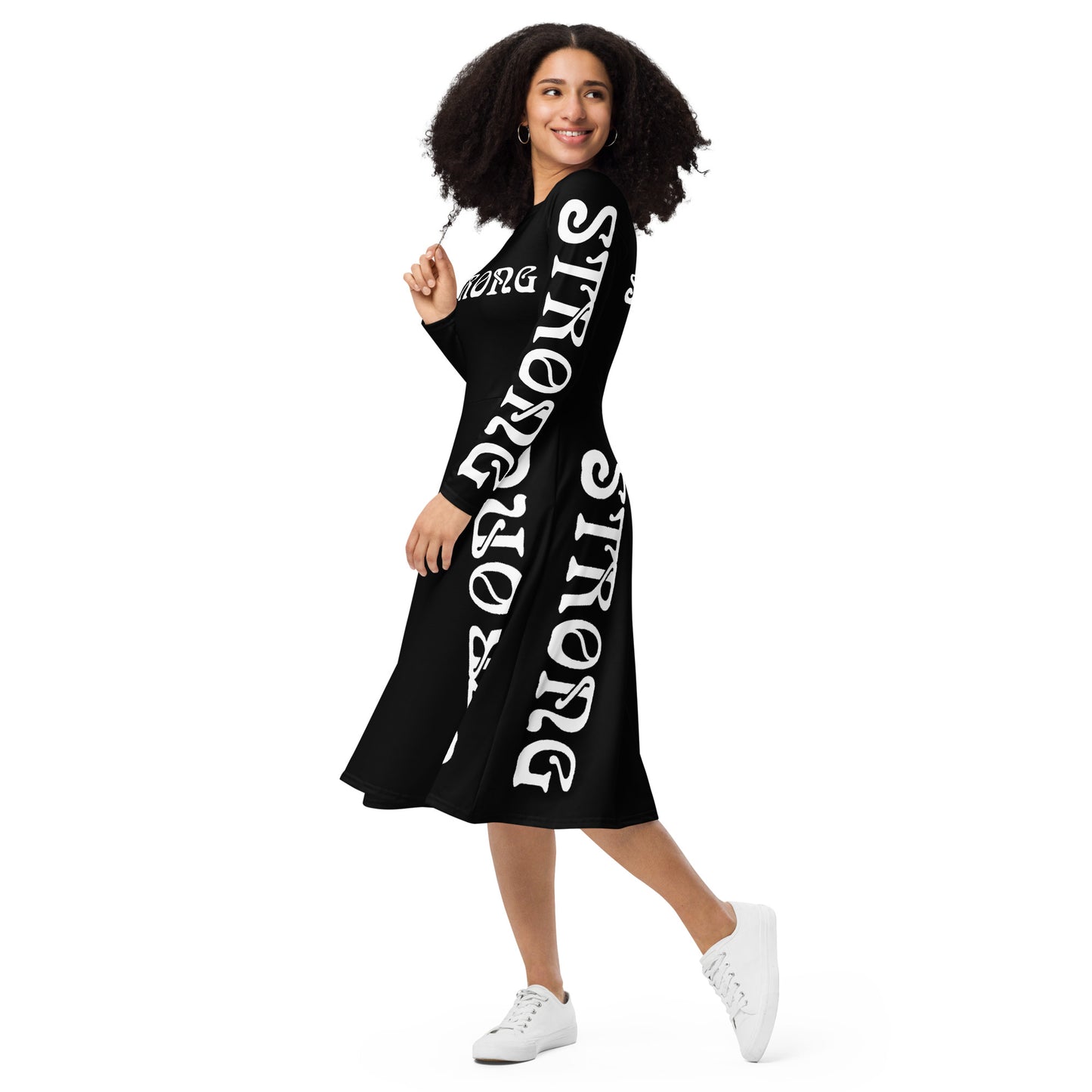 “STRONG”Black Long Sleeve Midi Dress W/White Font