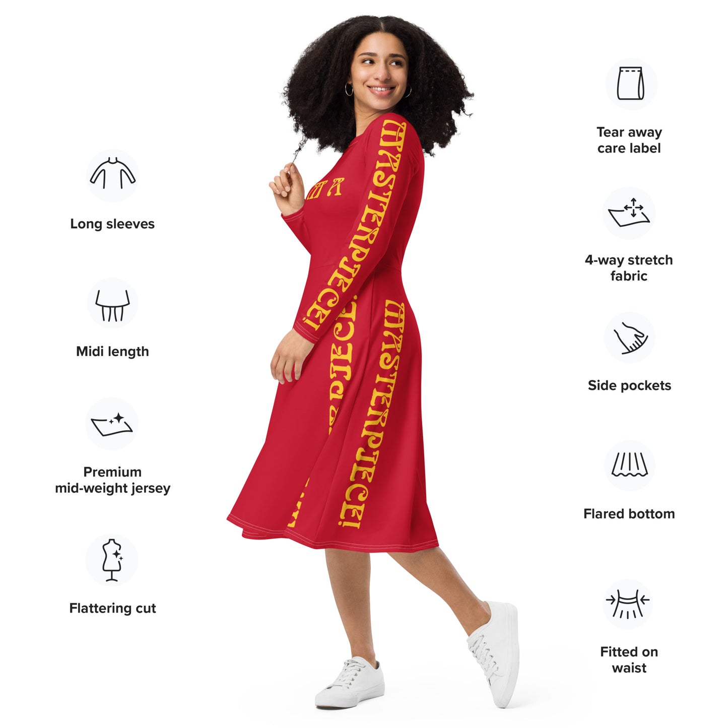 “I’M A MASTERPIECE!”Red Long Sleeve Midi Dress W/Yellow Font