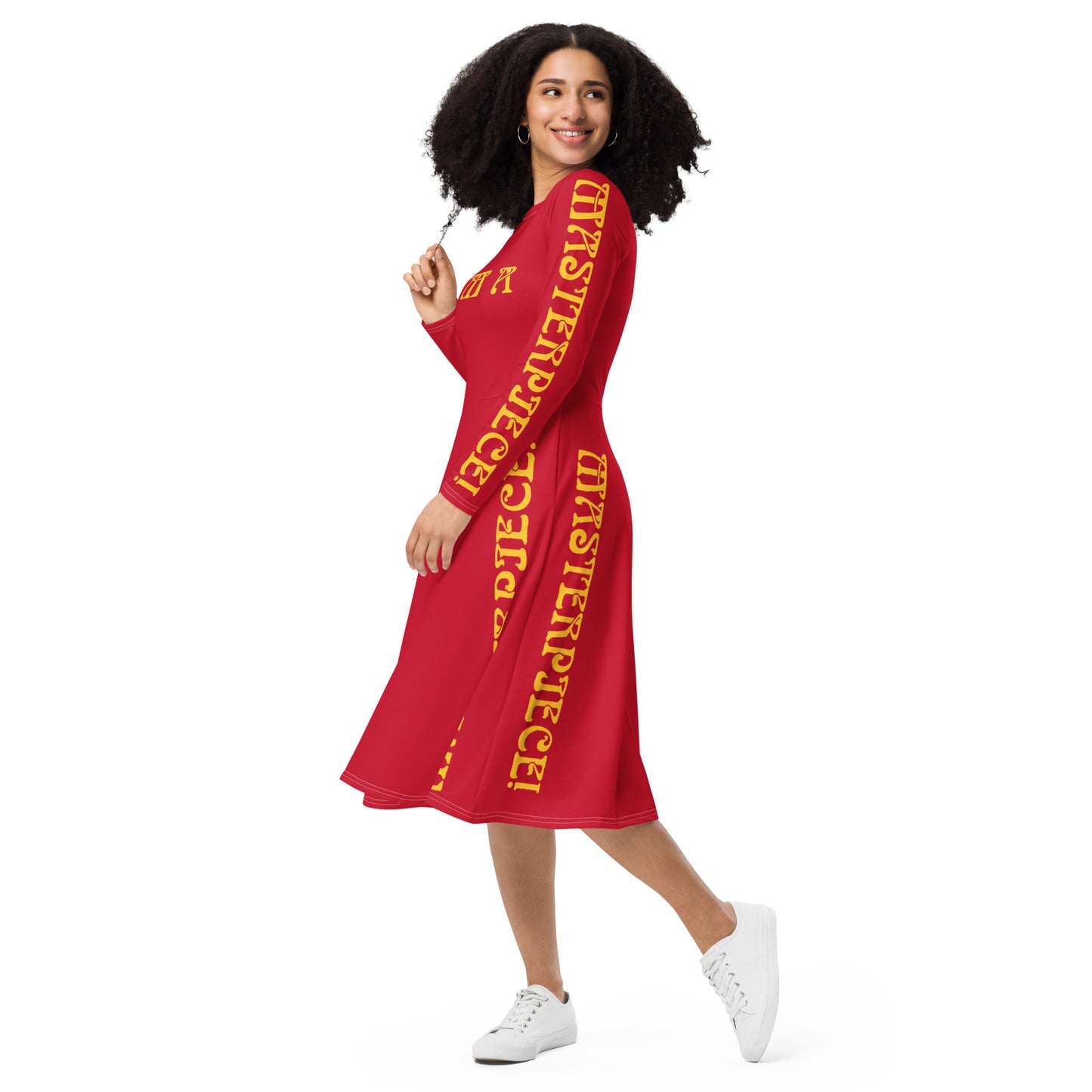 “I’M A MASTERPIECE!”Red Long Sleeve Midi Dress W/Yellow Font