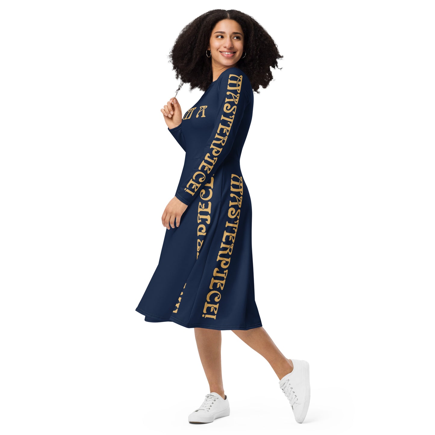 “I’M A MASTERPIECE!”Navy Long Sleeve Midi Dress W/Fawn Font