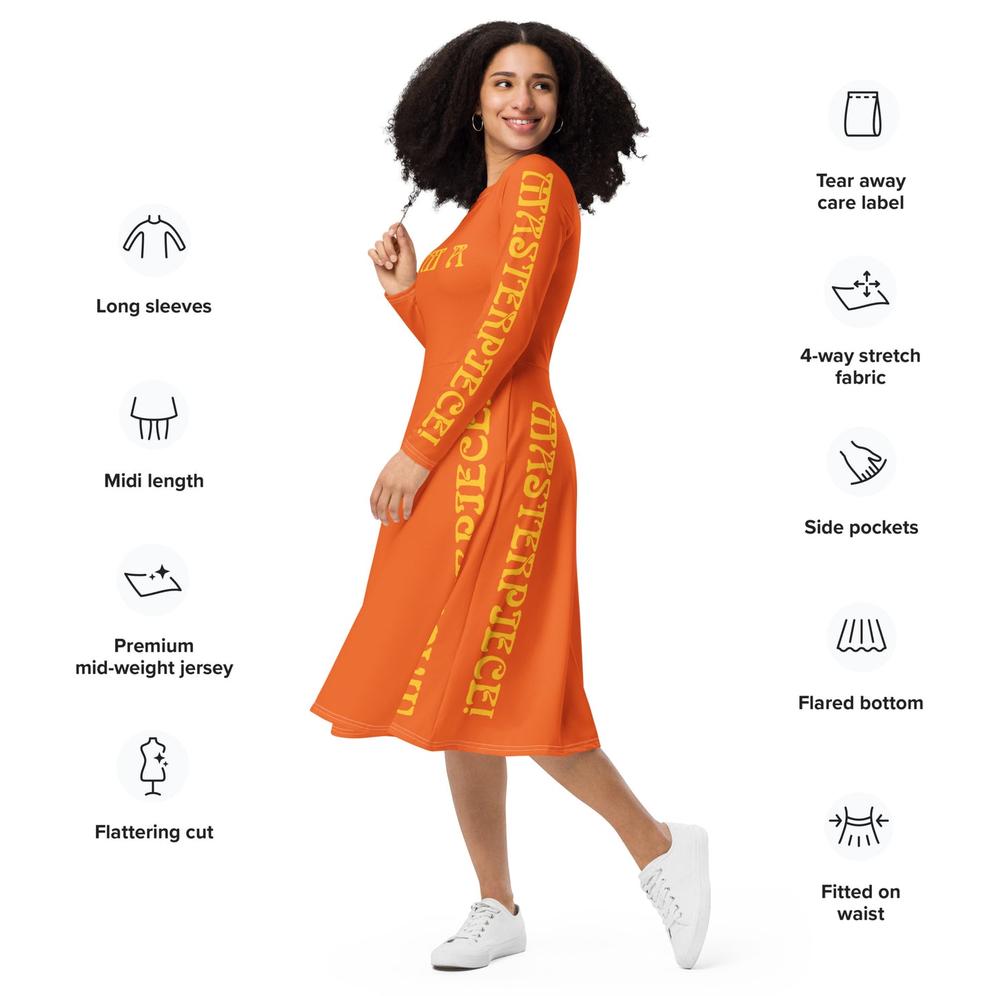 “I’M A MASTERPIECE!"Orange Long Sleeve Midi Dress W/Yellow Font