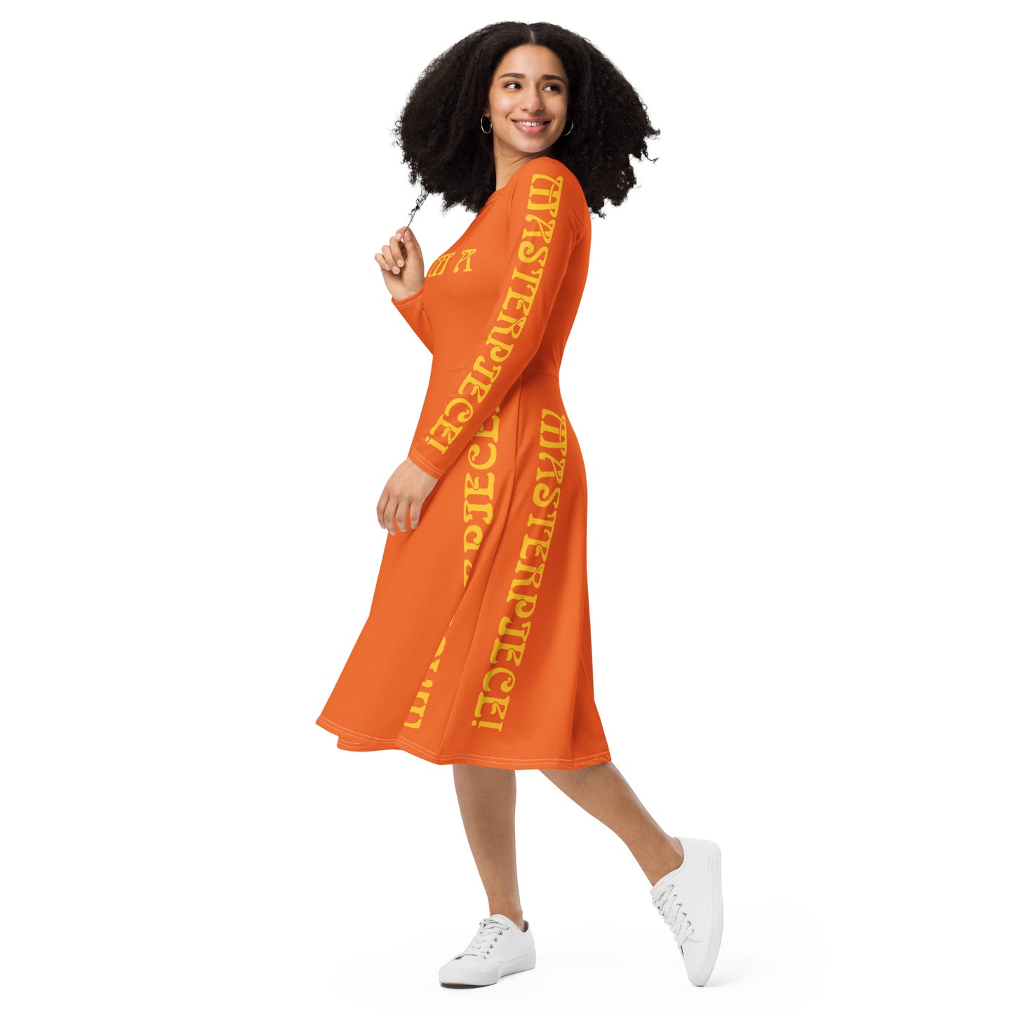 “I’M A MASTERPIECE!"Orange Long Sleeve Midi Dress W/Yellow Font