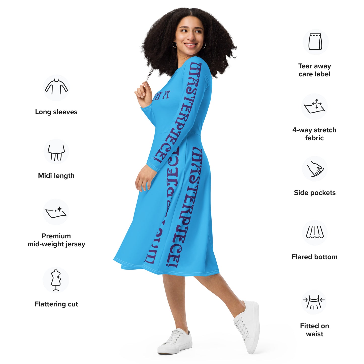 “I’M A MASTERPIECE!”SKYBLUE Long Sleeve Midi Dress W/Navy Font