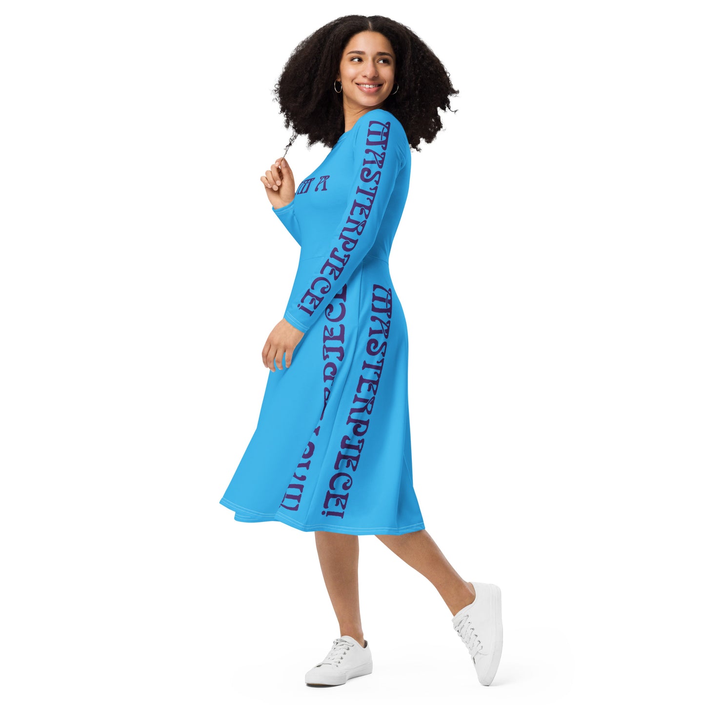 “I’M A MASTERPIECE!”SKYBLUE Long Sleeve Midi Dress W/Navy Font