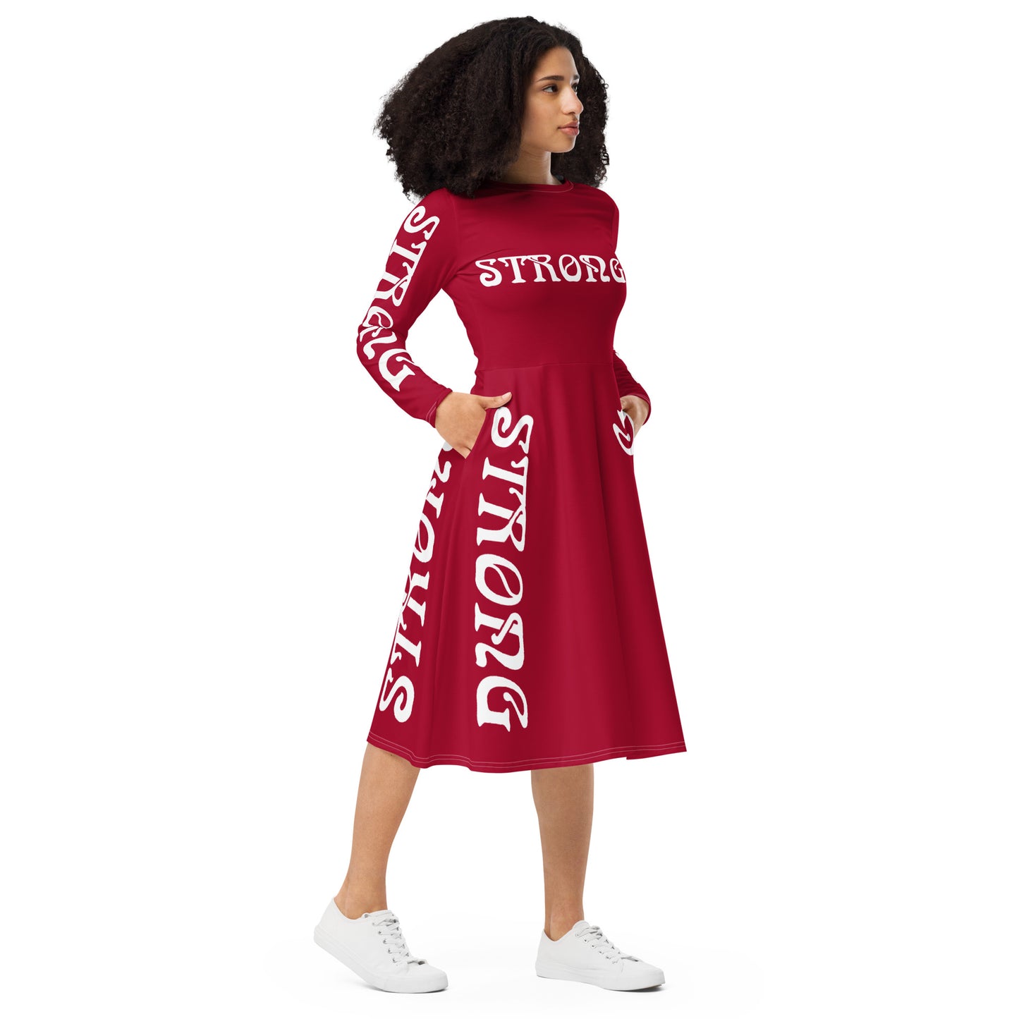 “STRONG”Red Long Sleeve Midi Dress W/White Font