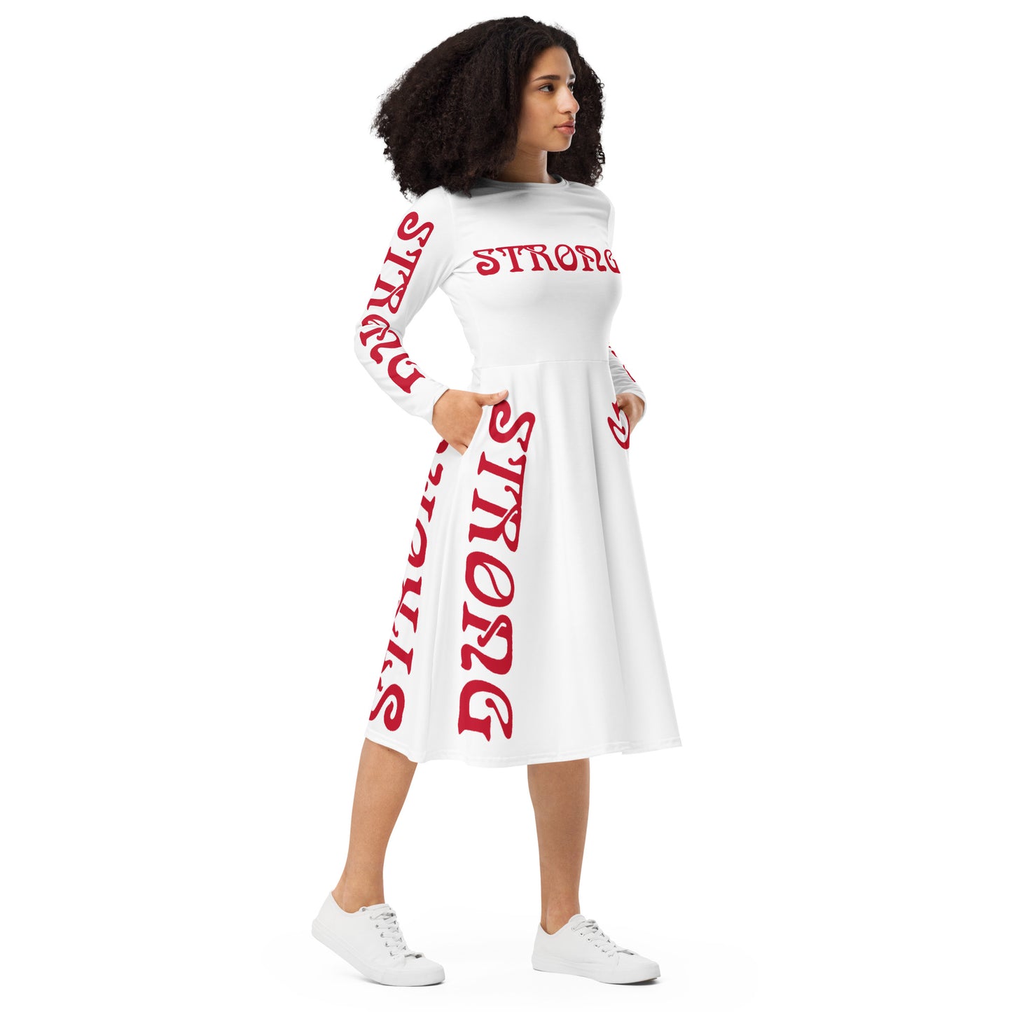 “STRONG”White Long Sleeve Midi Dress W/Red Font