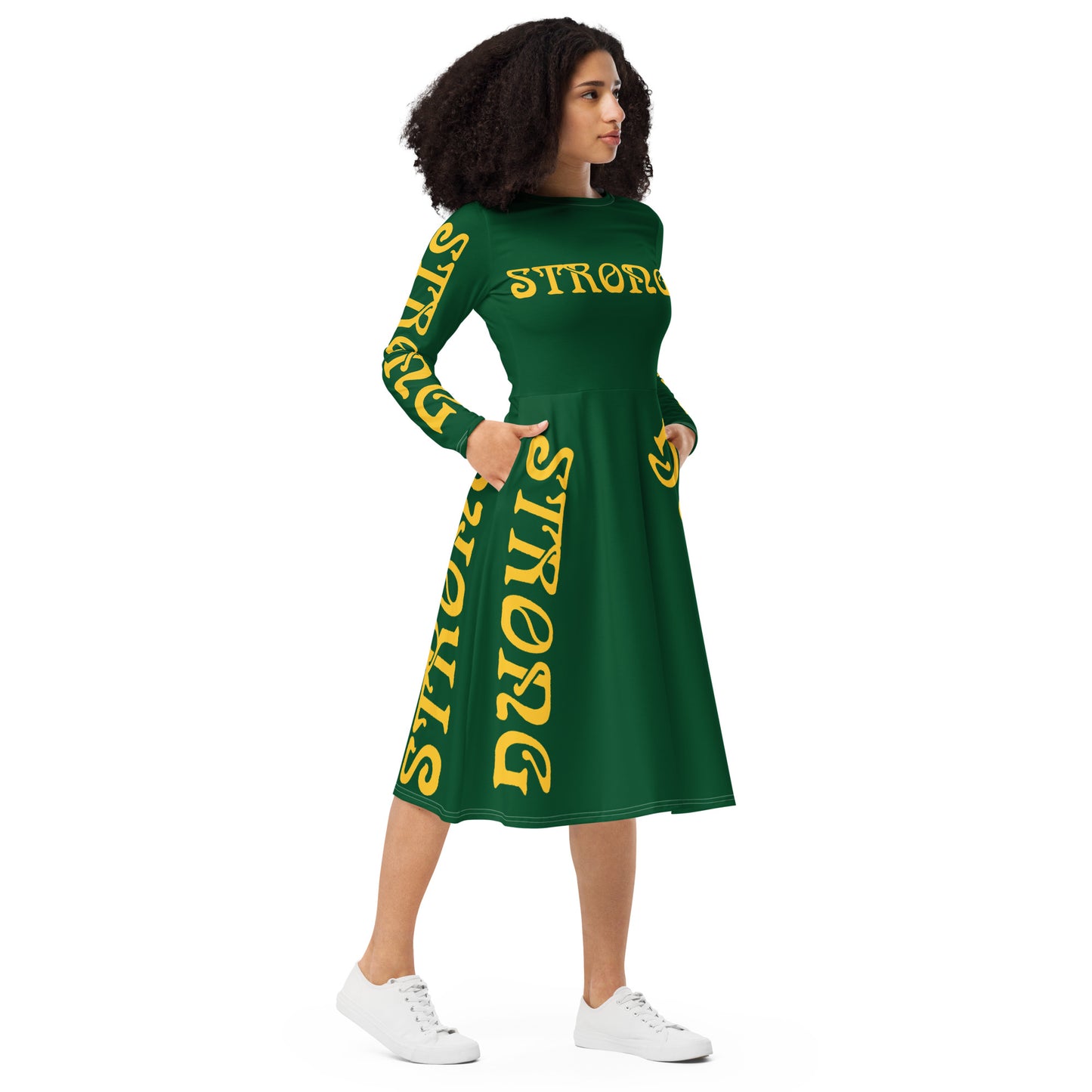 “STRONG”Green Long Sleeve Midi Dress W/Yellow Font
