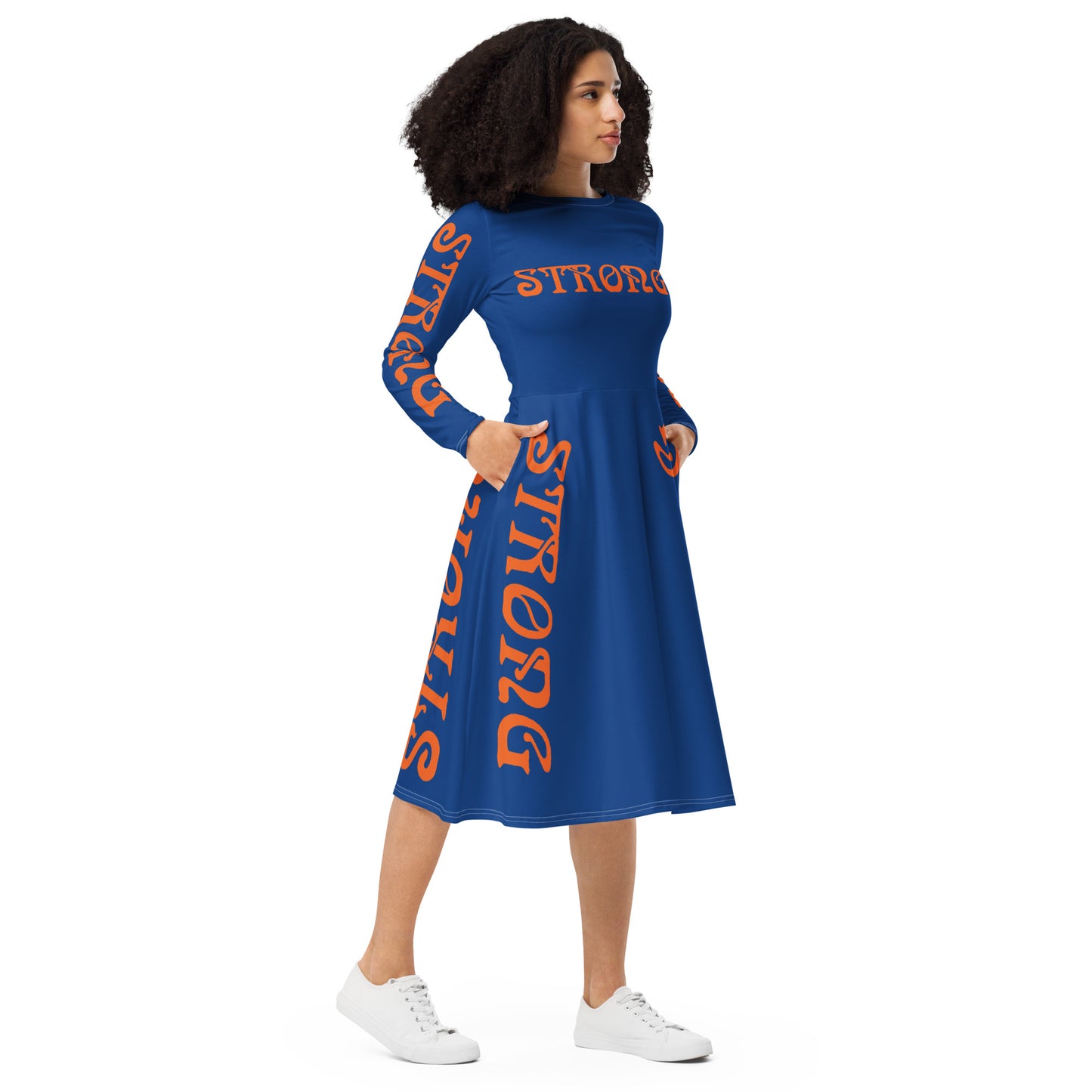 “STRONG”Blue Long Sleeve Midi Dress W/Orange Font