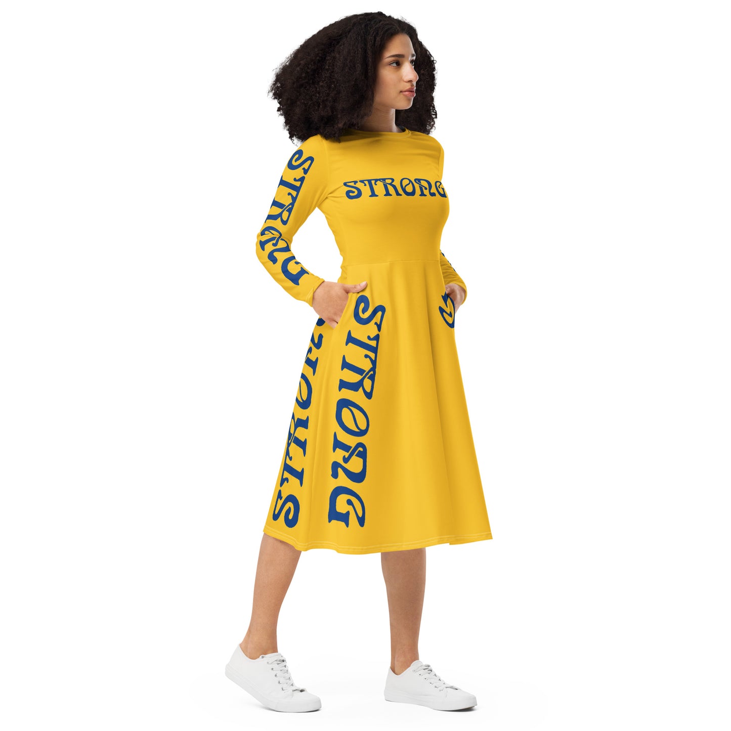 “STRONG”Yellow Long Sleeve Midi Dress W/Blue Font