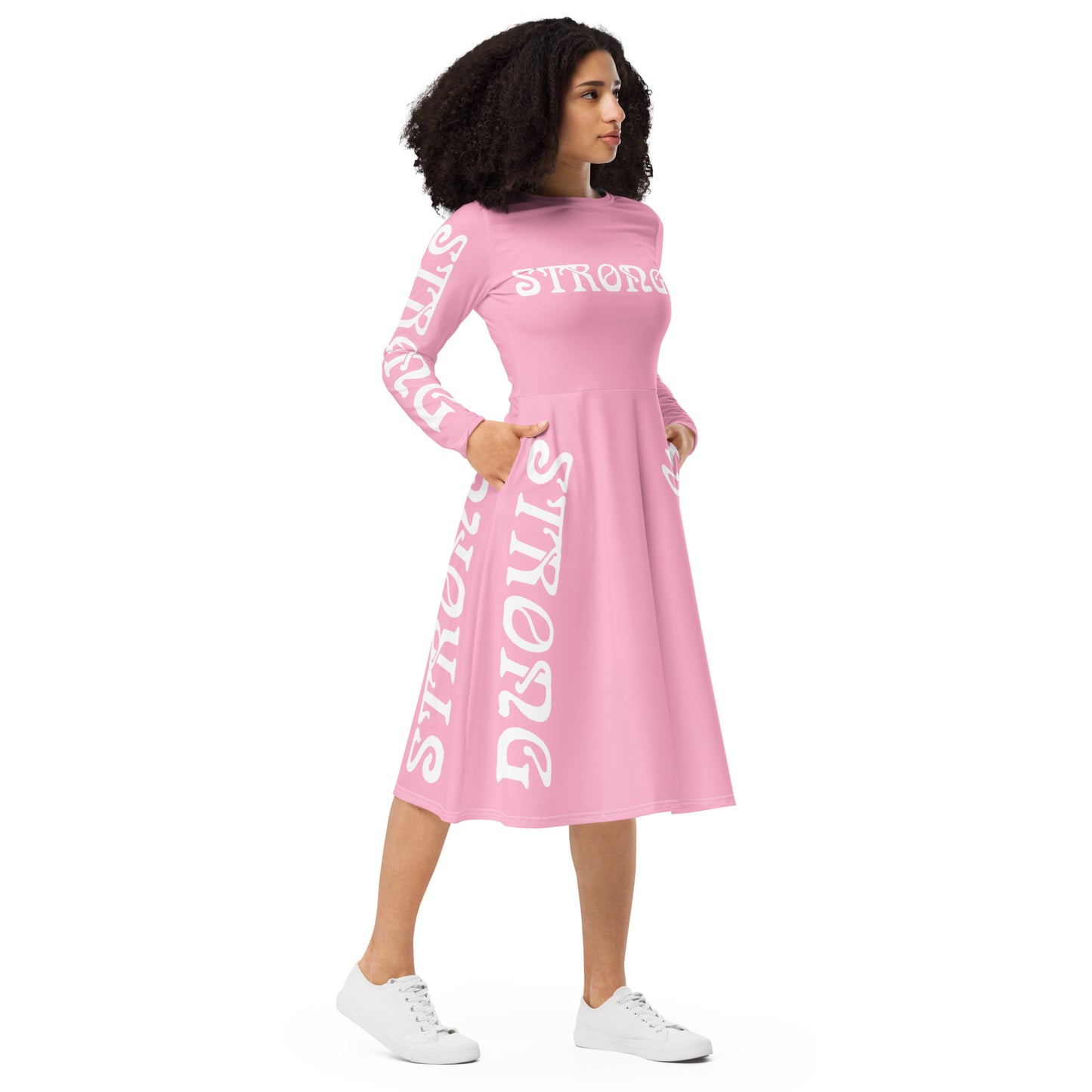 “STRONG”Cotton Candy Long Sleeve Midi Dress W/White Font