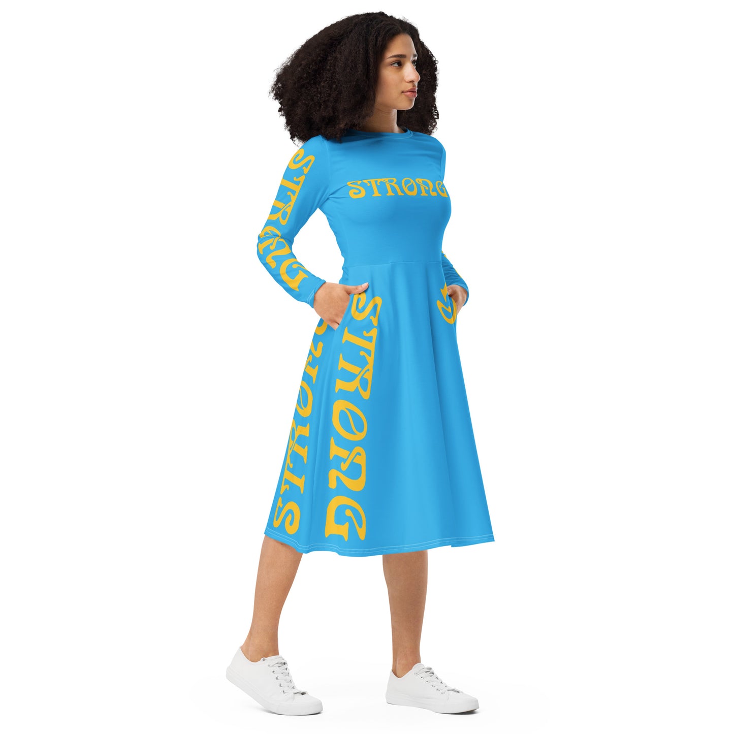 “STRONG”SkyBlue Long Sleeve Midi Dress W/Yellow Font