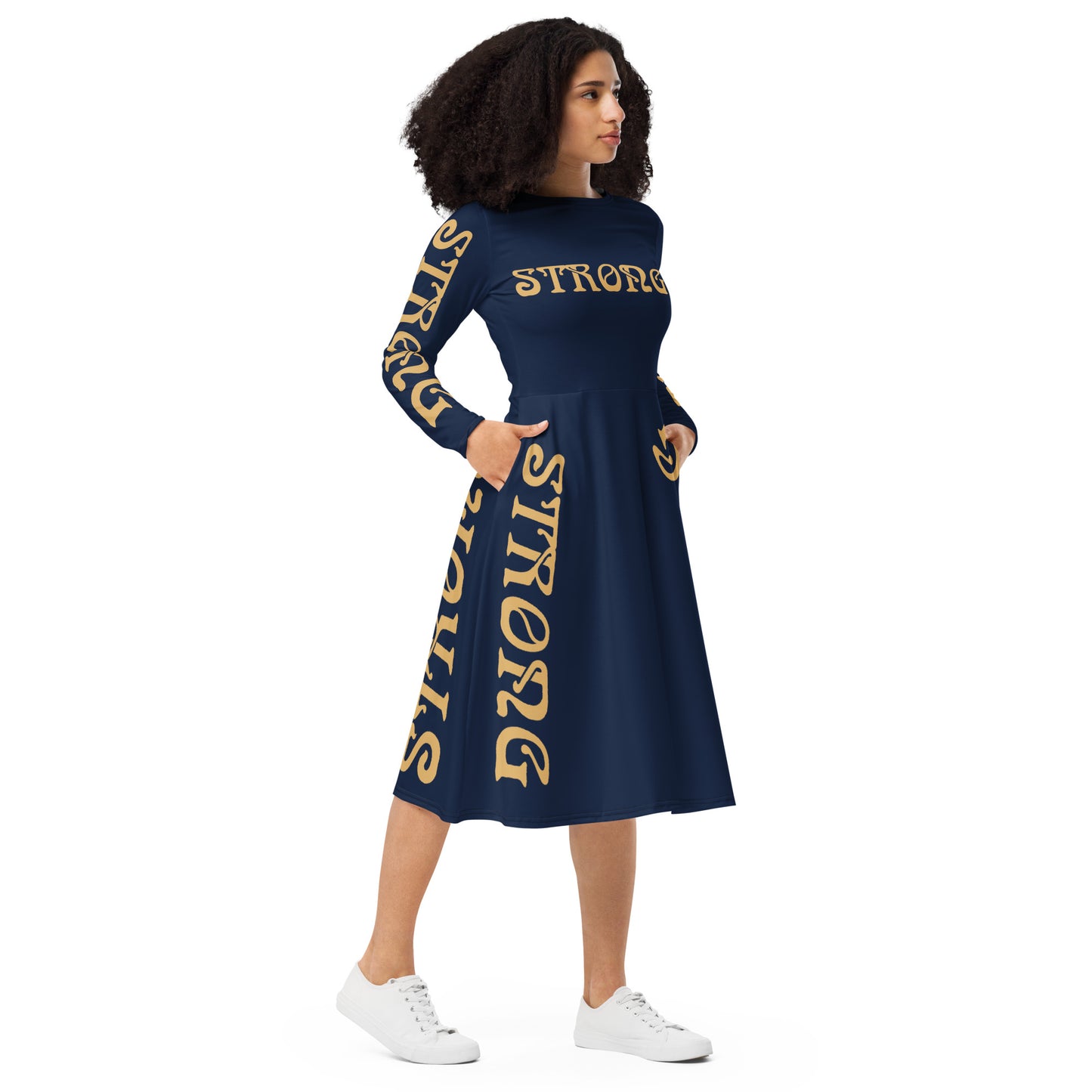 “STRONG”Navy-Blue Long Sleeve Midi Dress W/Fawn Font
