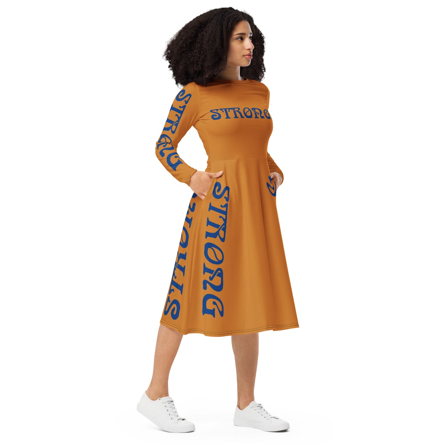 “STRONG”Bronze Long Sleeve Midi Dress W/Navy Font