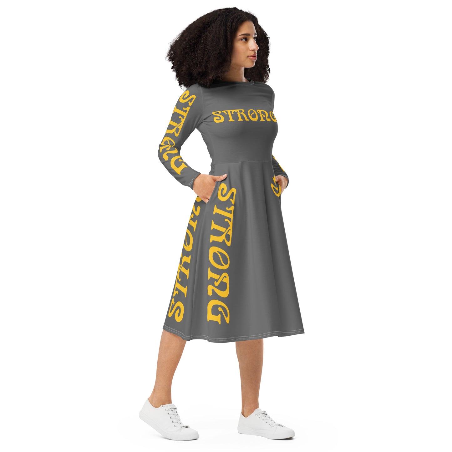 “STRONG”Grey Long Sleeve Midi Dress W/Yellow Font