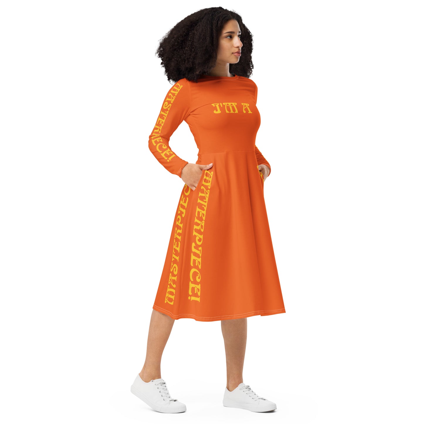 “I’M A MASTERPIECE!"Orange Long Sleeve Midi Dress W/Yellow Font